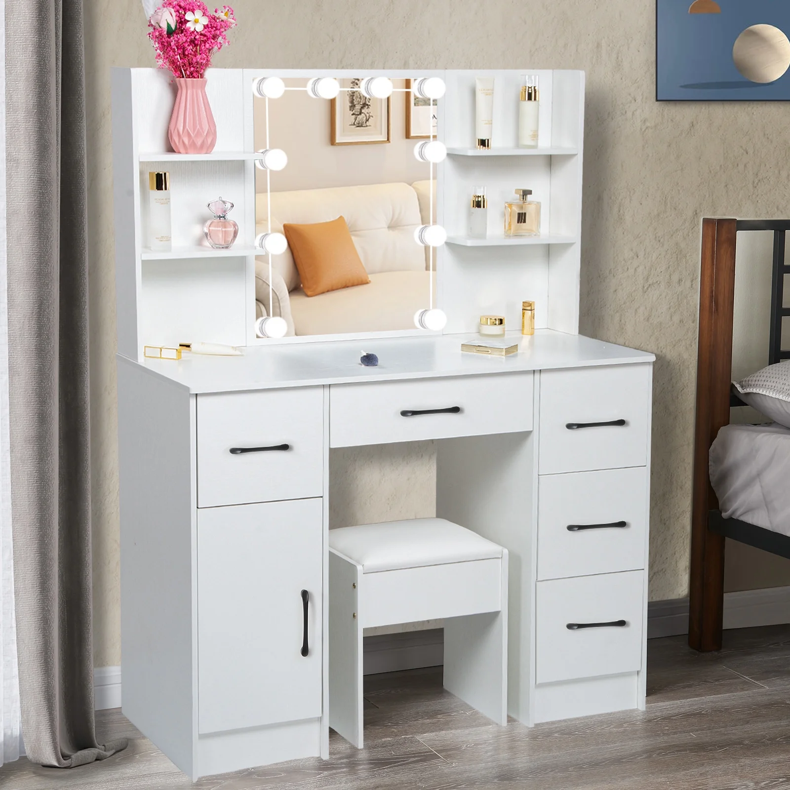 Makeup Vanity with 3 Color Lights, Vanity Desk with Sliding Mirror, Vanity Set Makeup Table, Storage Drawers and Shelves, White - Image 4