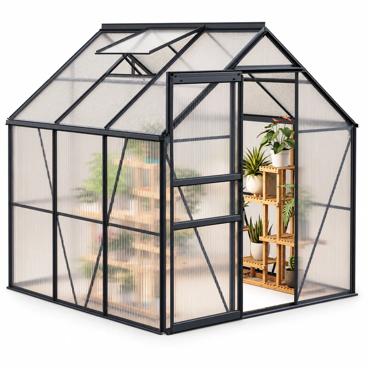 6x6 Ft Walk-In Polycarbonate Greenhouse, Aluminum Frame, Sliding Door, Adjustable Roof Vent and Rain Gutter