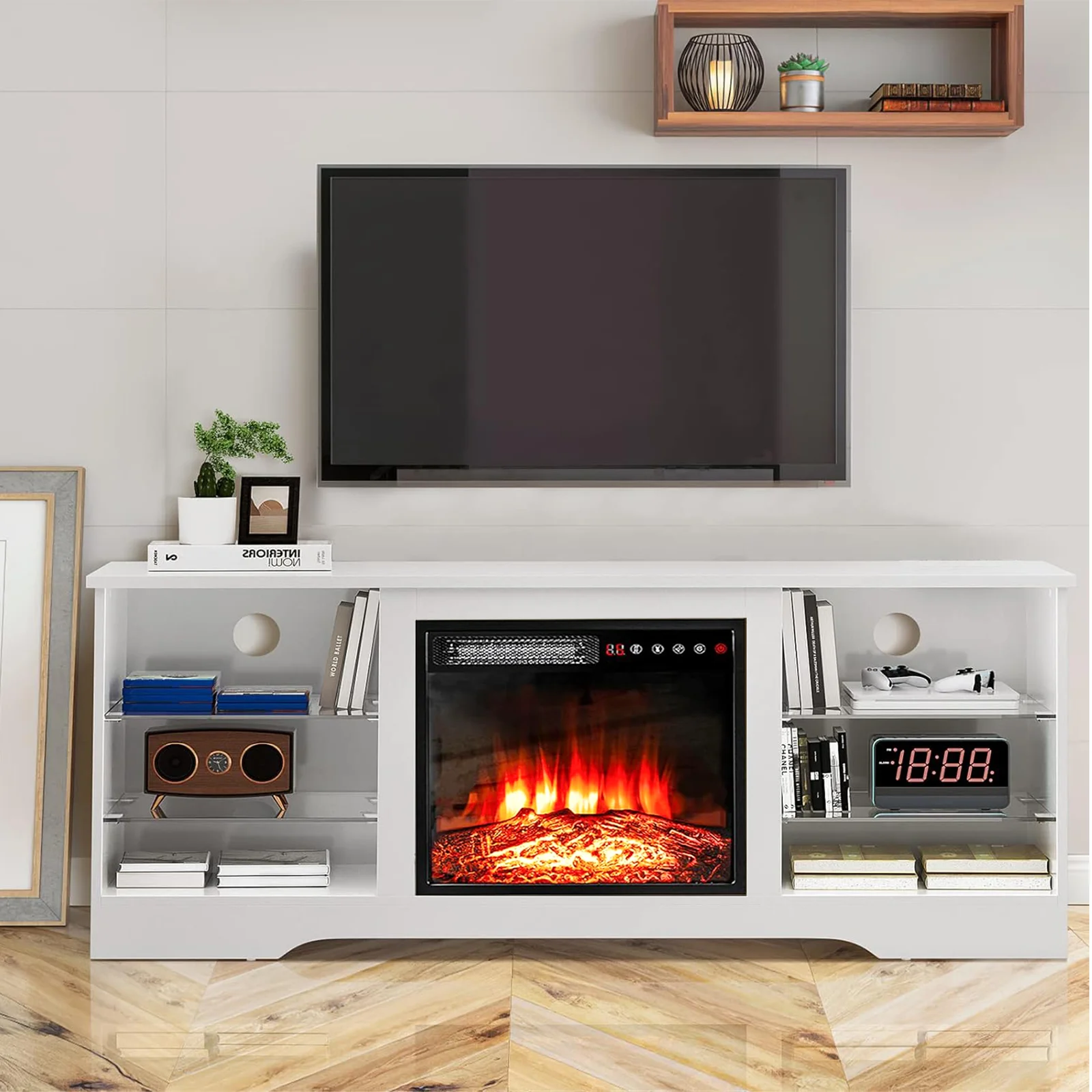 Waleaf Fireplace TV Stand with 18'' Fireplace for Tvs up to 65 in, Two Adjustable Glass Shelves