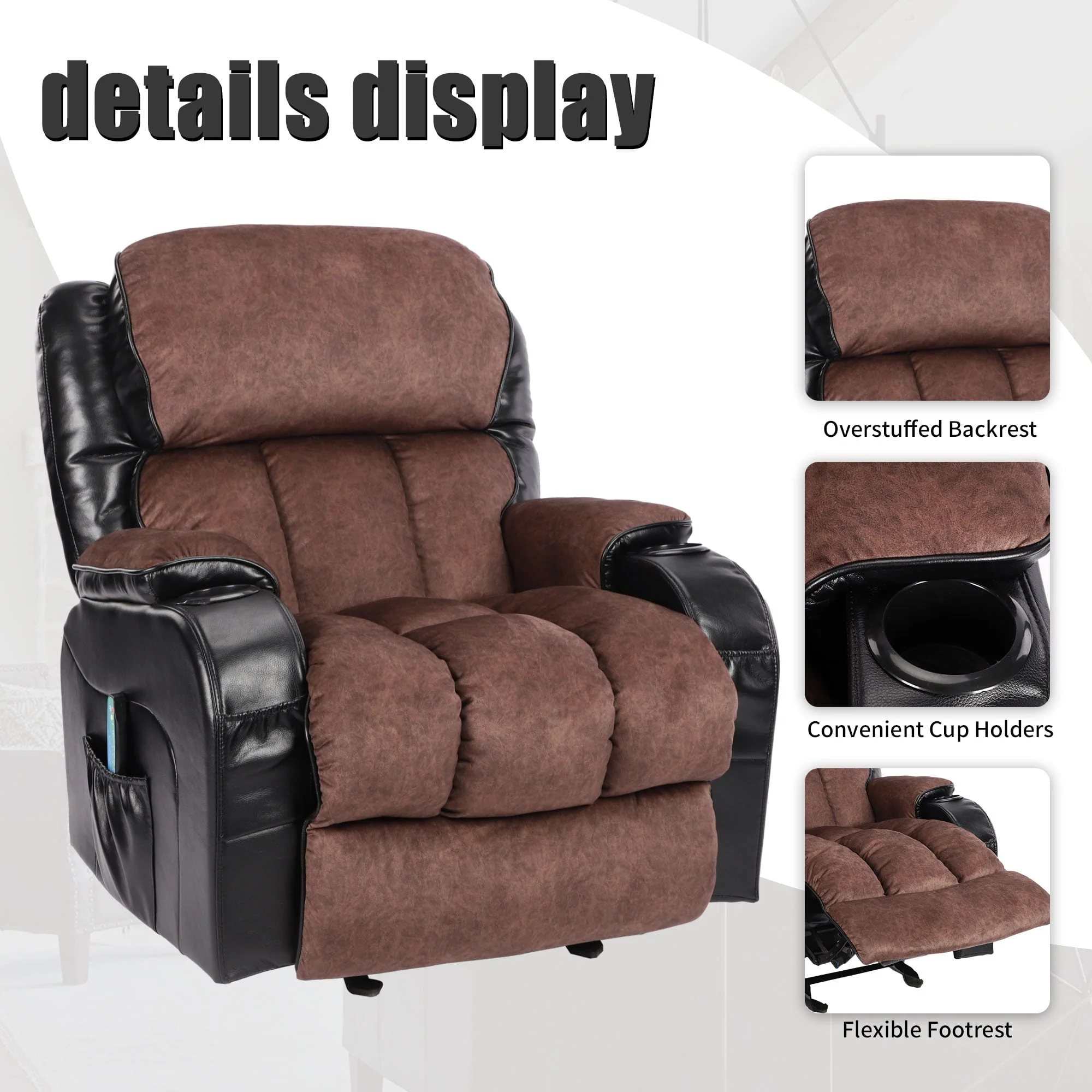 Leather Massage Recliner Chair, Modern Electric Power Rocker with Heated Massage, Ergonomic Lounge Chair, Single Sofa Seat with Drink Holders for Living Room, Black and Brown(Black) Image 8