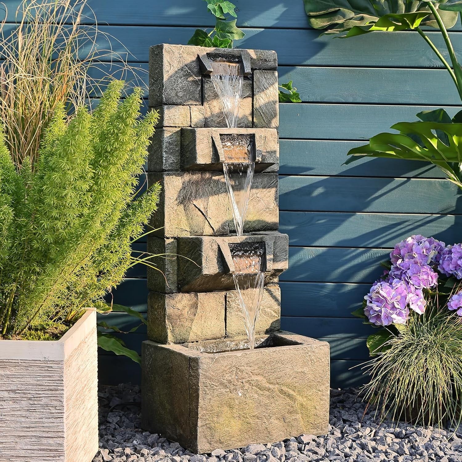 32.2 3-Tier Outdoor Garden Water Fountain with LED Lights, Mossy Stone Cascading Resin Waterfall Feature for Patio, Yard, or Porch Decor