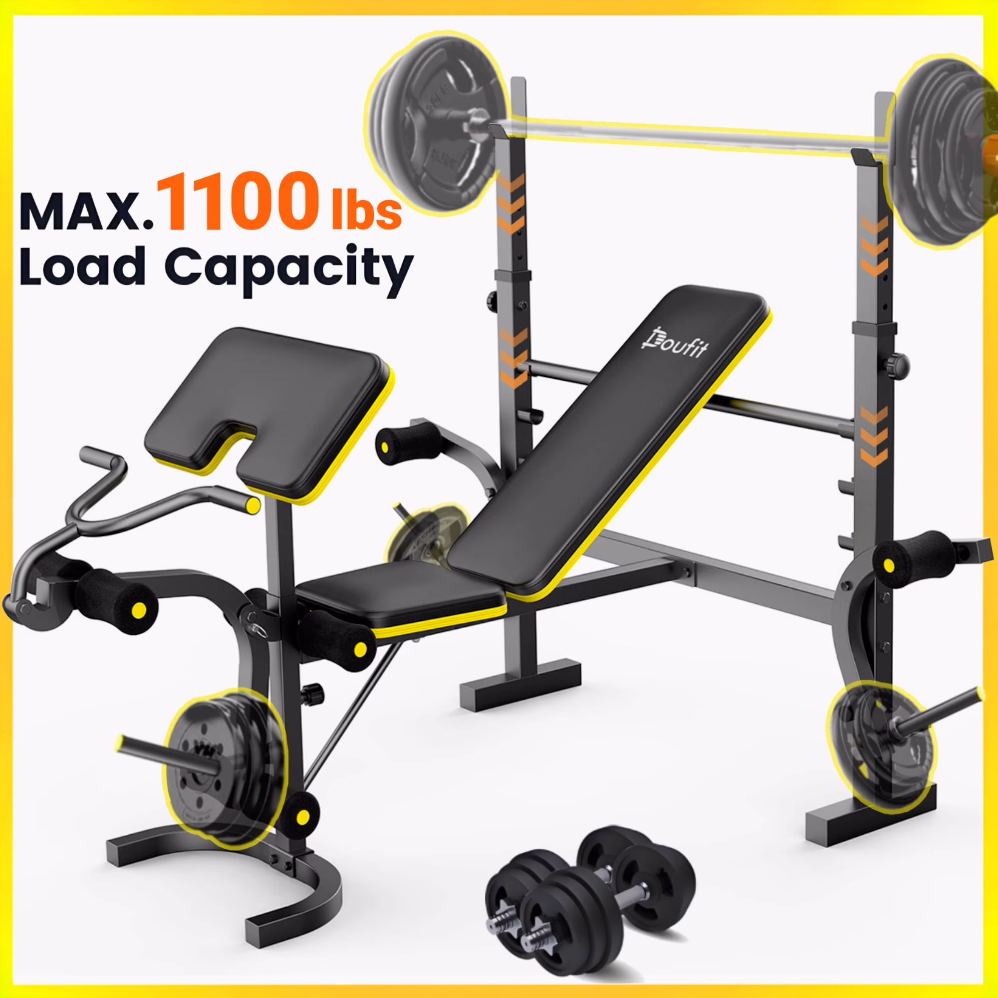 Weight Bench, 1100lbs 6-In-1 Workout Bench Press with Squat Rack Leg Developer Preacher Curl Butterfly Arms,Gym Exercise Equipment for Full Body Home Gym