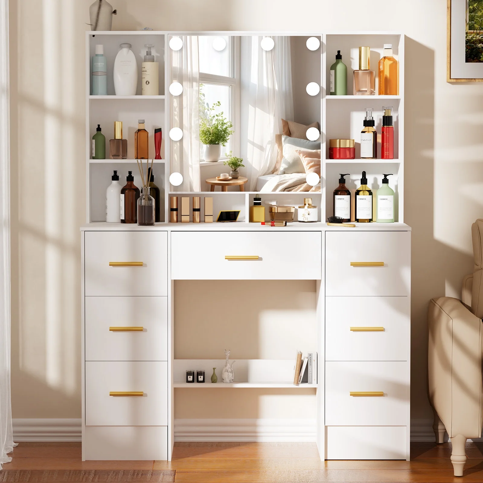 Ciumeeo Modern Makeup Vanity Set with Lights, Dressing Table with Sliding Mirror, 7 Drawers, White