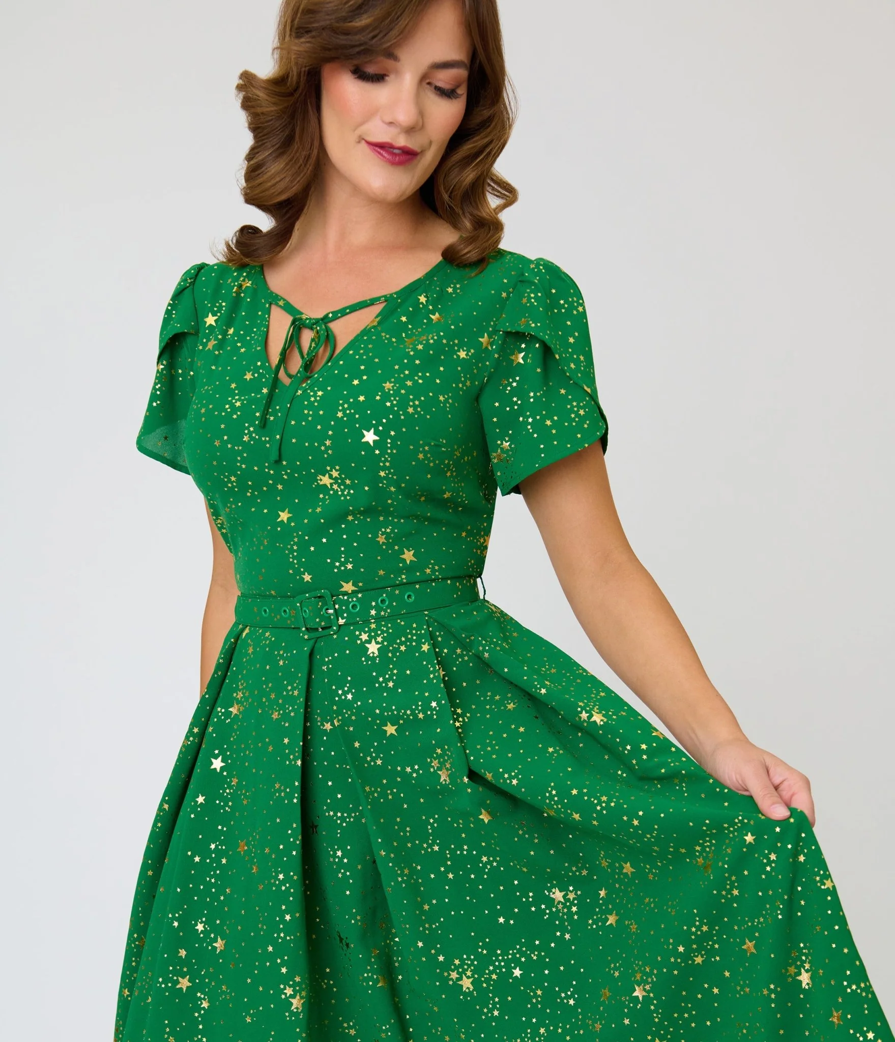 Unique Vintage Green & Gold Star Dahlia Swing Dress