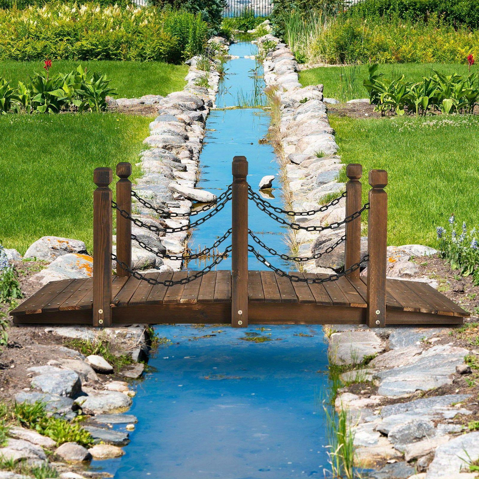 5ft Rustic Wooden Garden Bridge with Railings �C Sturdy Fir Footbridge, Weather-Resistant Outdoor Walkway for Weddings, Home Decor, and Gardens, Supports Up to 500 lbs, Natural Brown Finish - Image 5