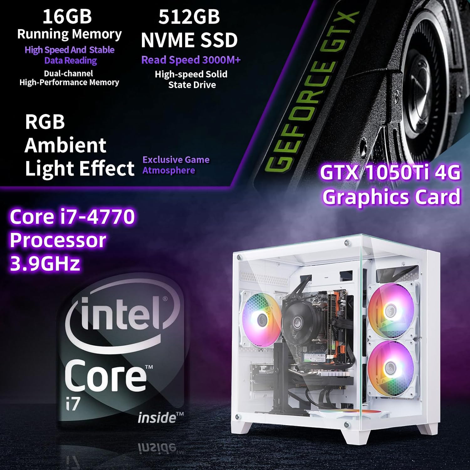 Gaming PC Desktop Computer  Intel Core I7 up to 3.9GHz  GTX 1050Ti 4G GDDR5  16G RAM  512GB SSD  WiFi 5.0  Prebuilt Gaming PC Tower Computer with 5 RGB Fan