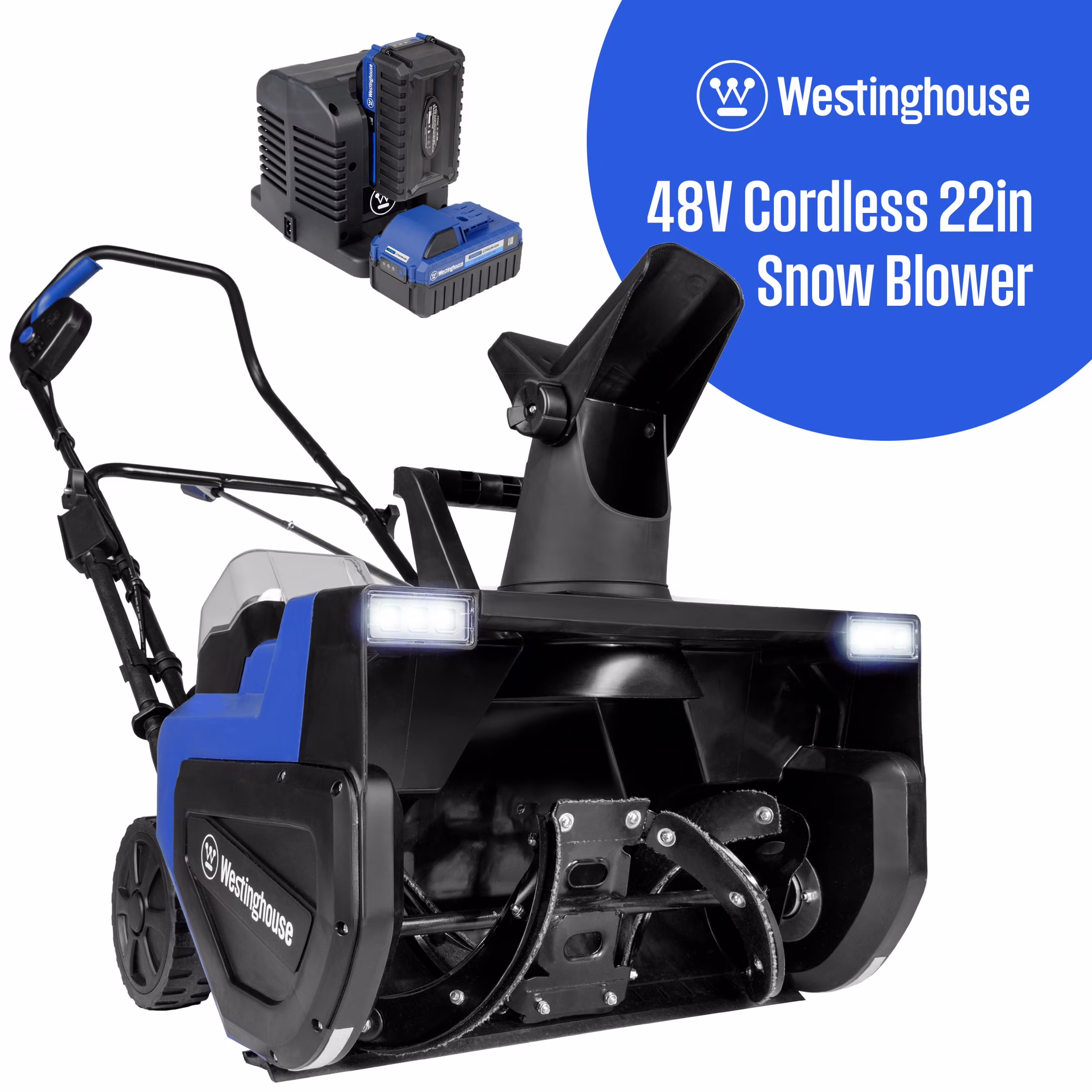 Westinghouse Wsnow22 48V Cordless Snow Blower 22 in Kit, Steel Auger, LED Lights, 1600W Brushless Motor, 25ft Throwing Distance, Plows 840 lb/Min, Compatible with Snow Joe Batteries