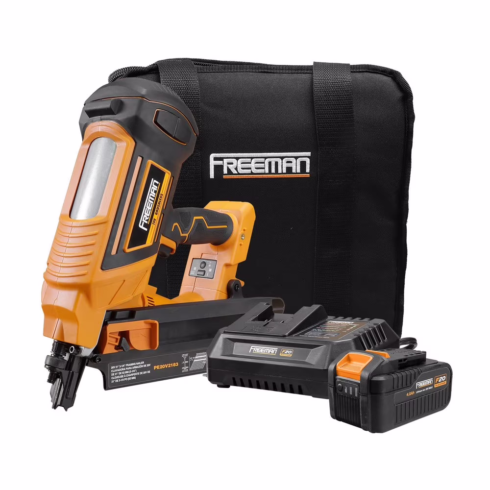 Freeman PE20V2183 20 Volt Cordless and Brushless 21 Degree 3-1/4 Framing Nailer Kit with Lithium Ion Battery, Charger, and Bag �C 750 Shots per Charge
