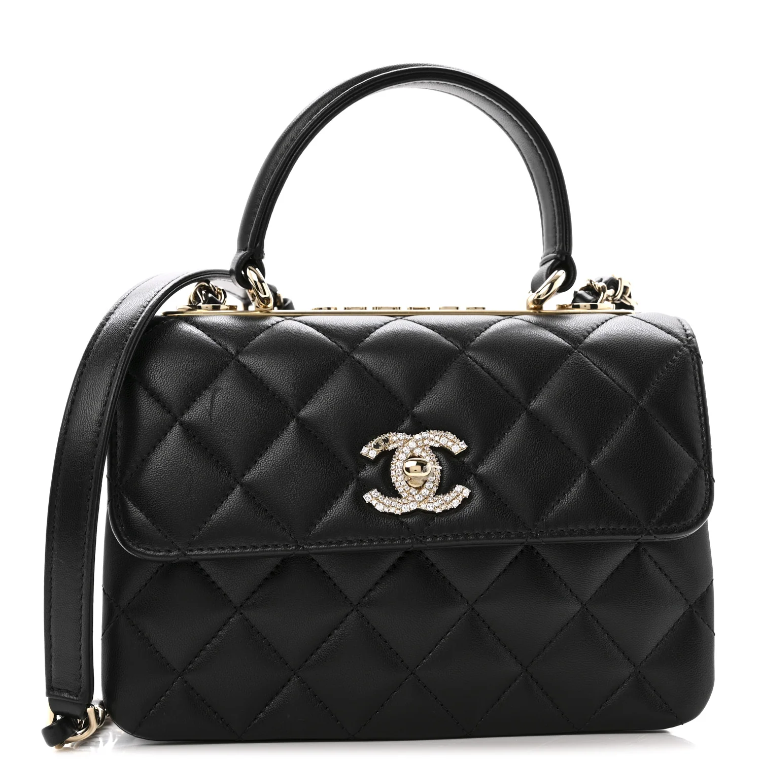 Lambskin Crystal Quilted Mini Trendy CC Dual Handle Flap Bag Black
