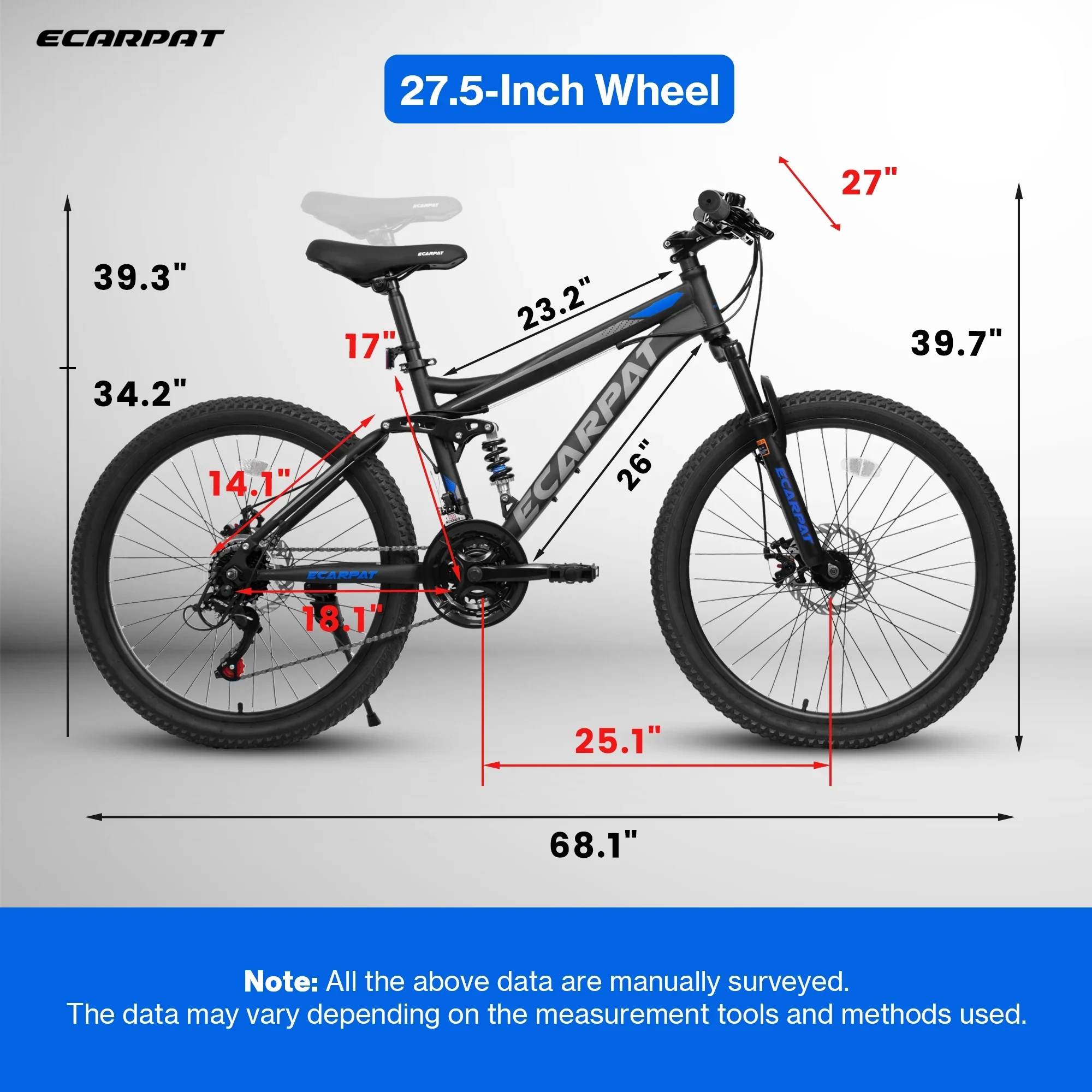 27.5 Inch Dual Full Suspension Mountain Bike, 21-Speed Mountain Bike with Dual Disc Brakes and Carbon Steel Frame, Trail Beach Snow Commuter City Bicycles for Adult Men Women, Black