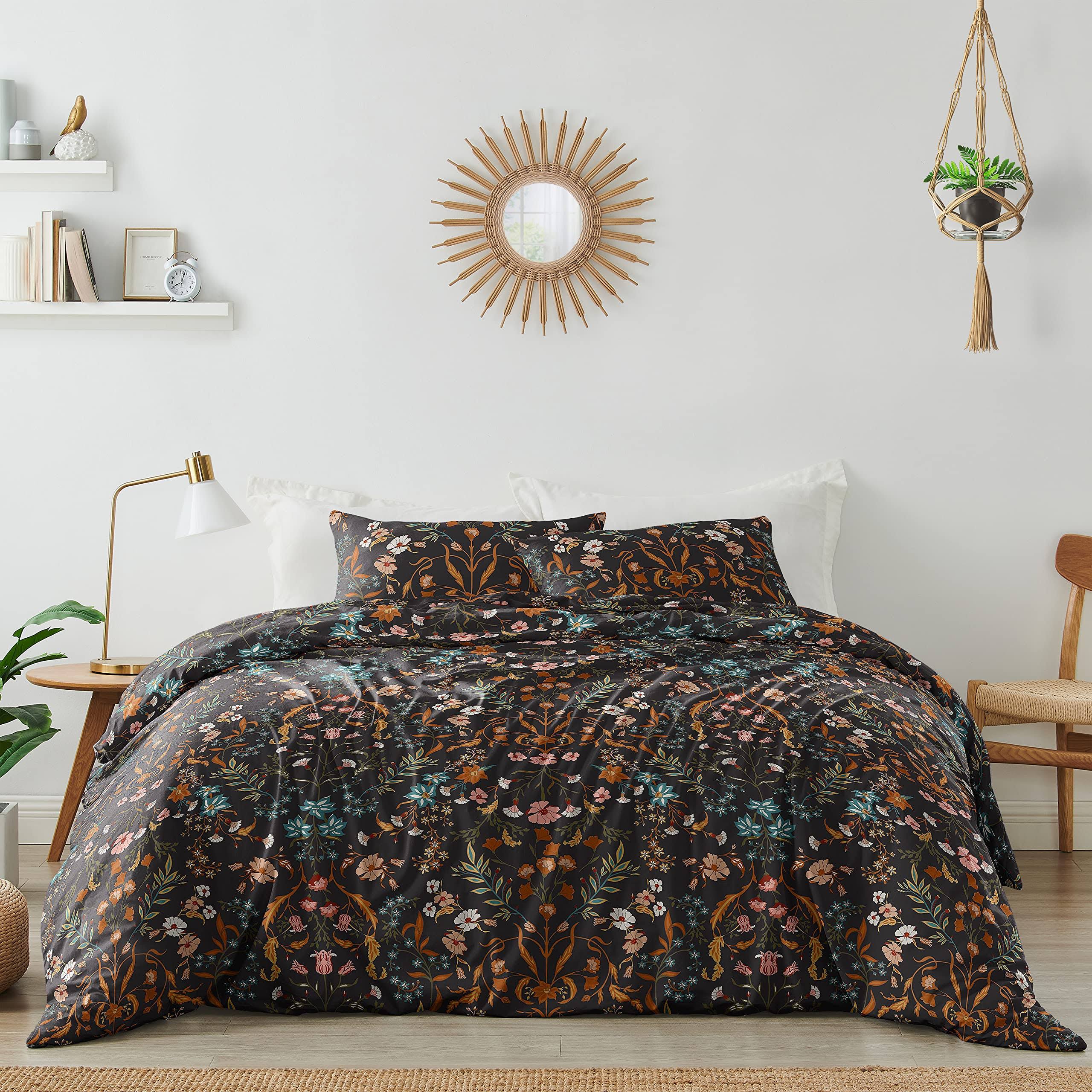 Sweet Jojo Designs Boho Floral Wildflower Black and Orange Collection Queen Duvet Cover Bedding Set