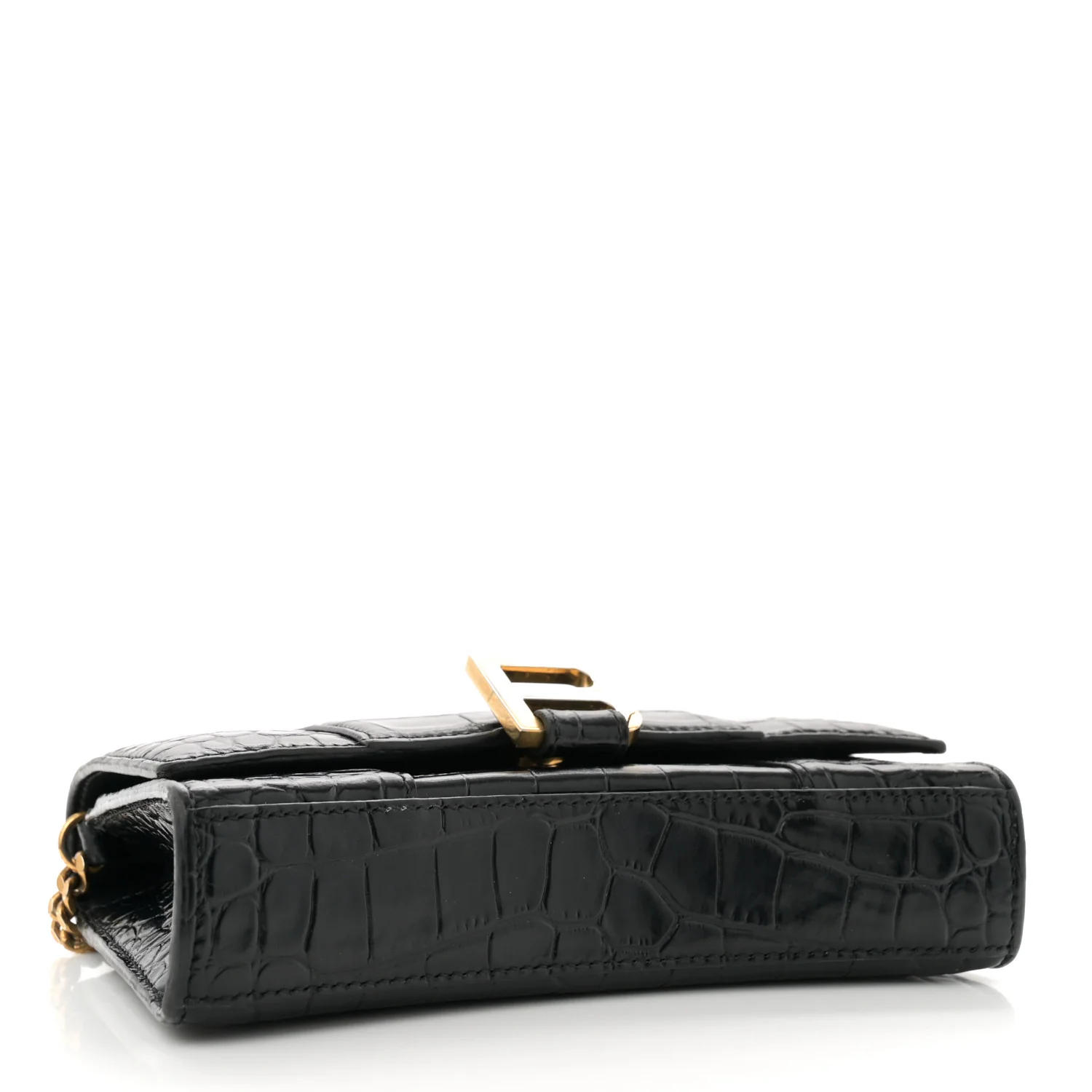 Shiny Calfskin Crocodile Embossed Hourglass Chain Bag Black