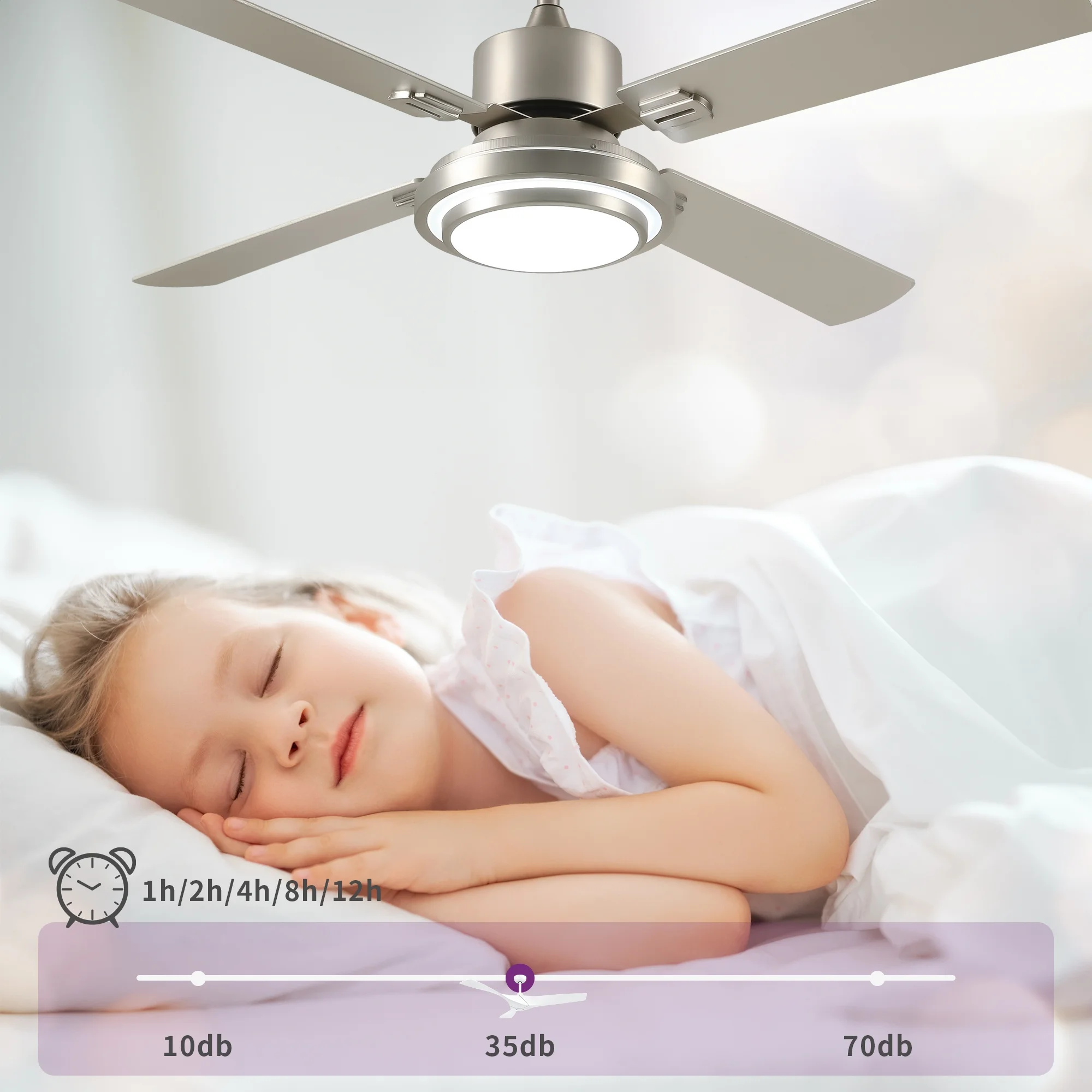 52'' Ceiling Fan with Light and Remote Control, 6 Speeds, 5 Timer Settings, and Dual-Finish Blades (Nickel) - Image 4