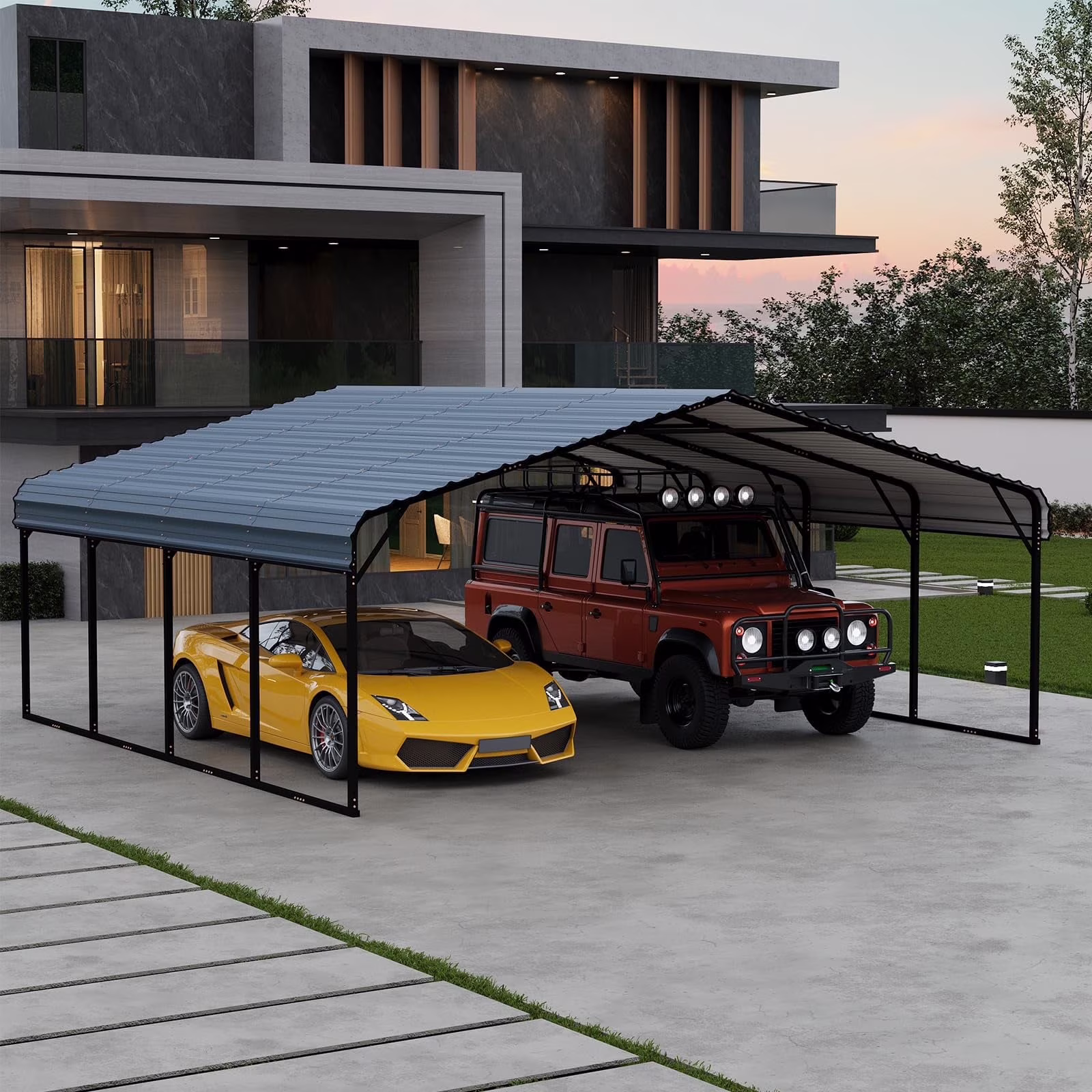 20x20ft Heavy Duty Carport, Steel Carport with Galvanized Steel Roof and Frame, Portable Garage for 2 Cars, Rv, Tractors and Boat, Gray(20' x 20')