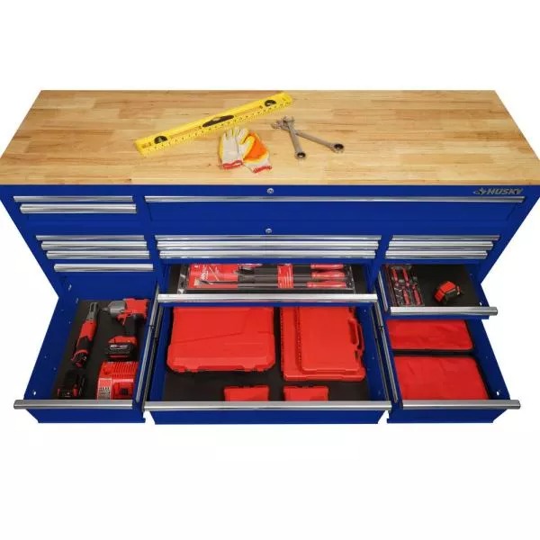 Établi mobile de 18 tiroirs de 183 cm (72 po) avec plateau en bois massif bleu brillant