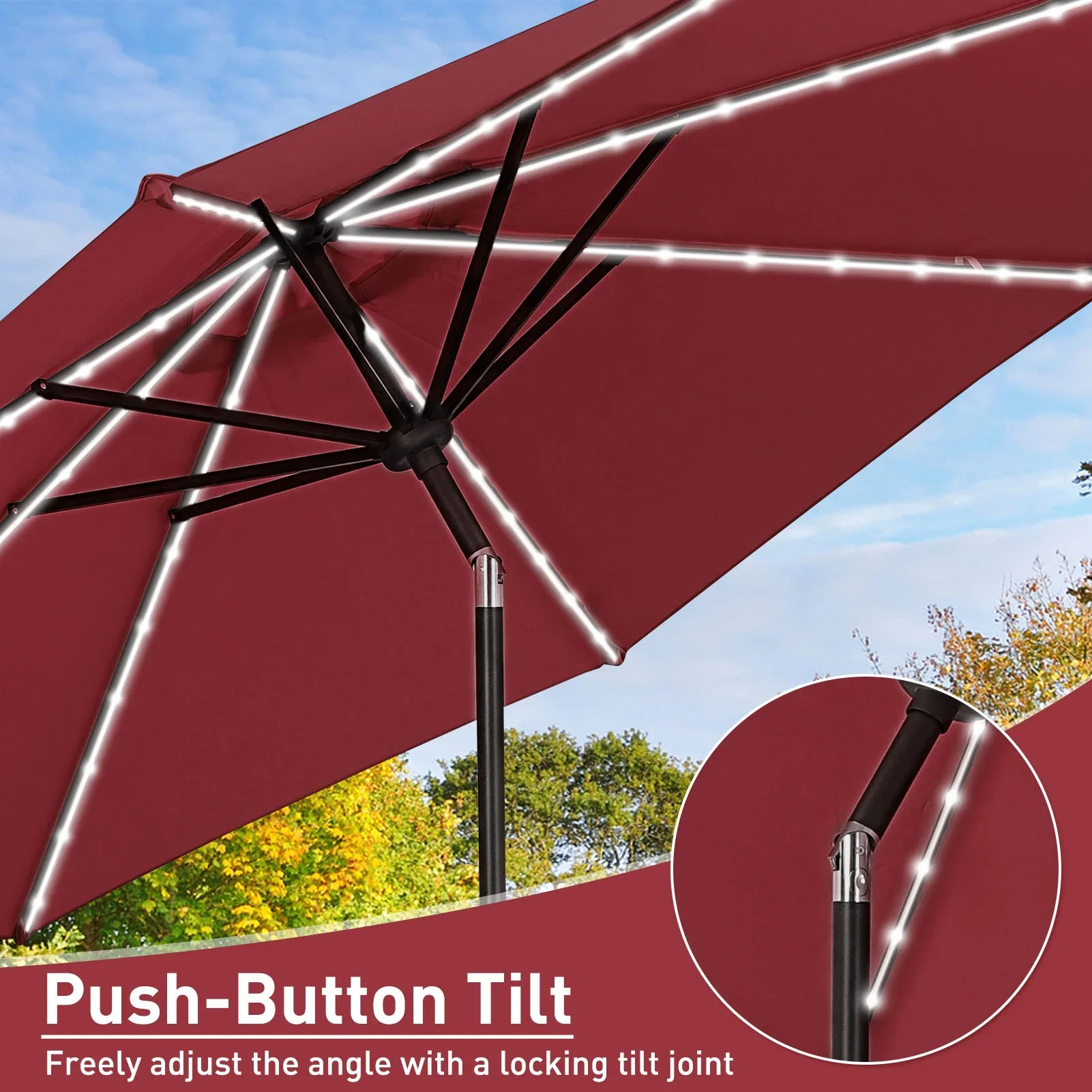 Autlaycil 10 FT Solar LED Lighted Patio Umbrella with LED Table Umbrella with 8 LED Strip Lights, Fade-resistant & Waterproof for Garden, Backyard, Poolside, Push Button Tilt (Blue)