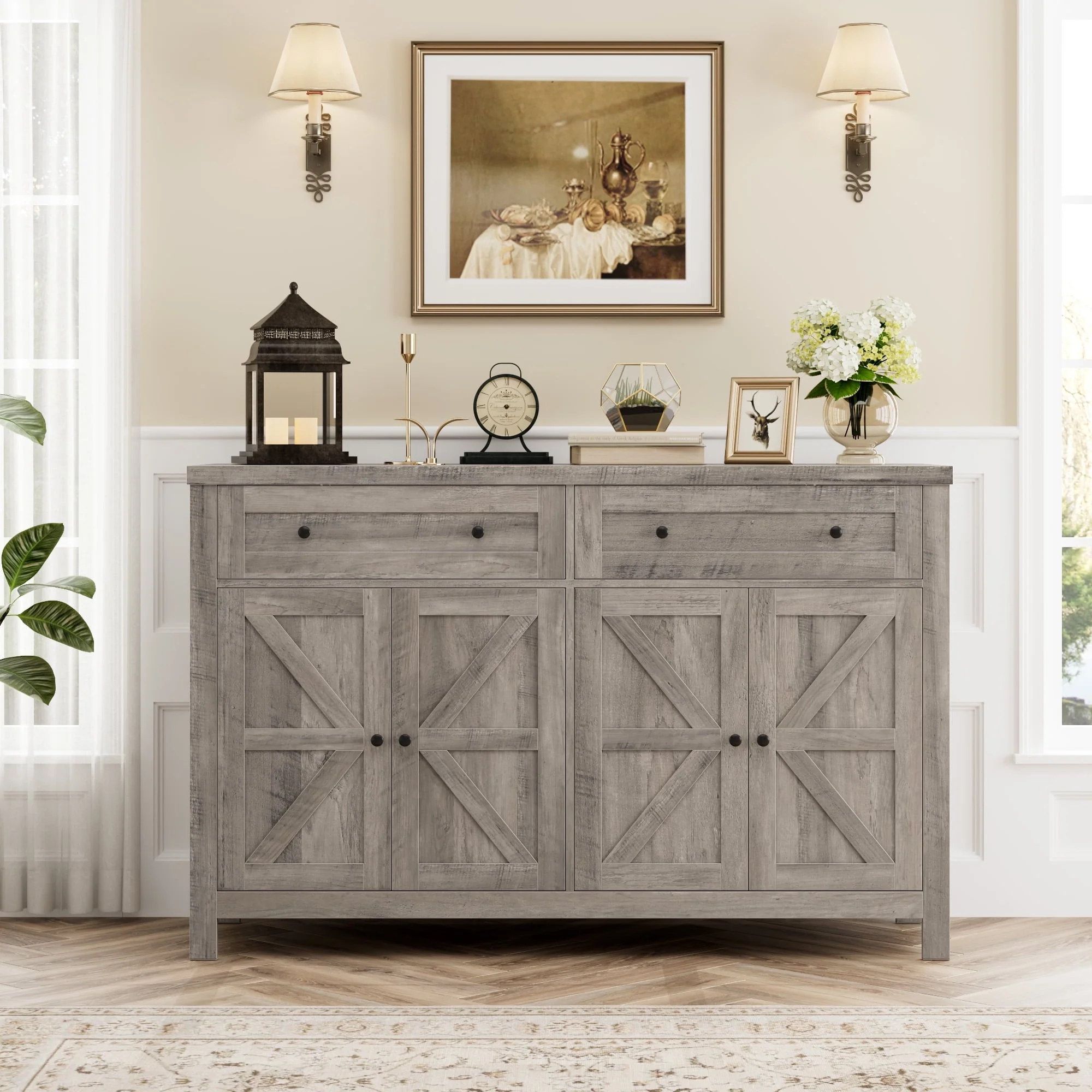 Homfa Farmhouse Kitchen Storage Cabinet, 4-Doors 2-Drawers Wood Buffet Sideboard for Dining Room Living Room, Gray(Brown)