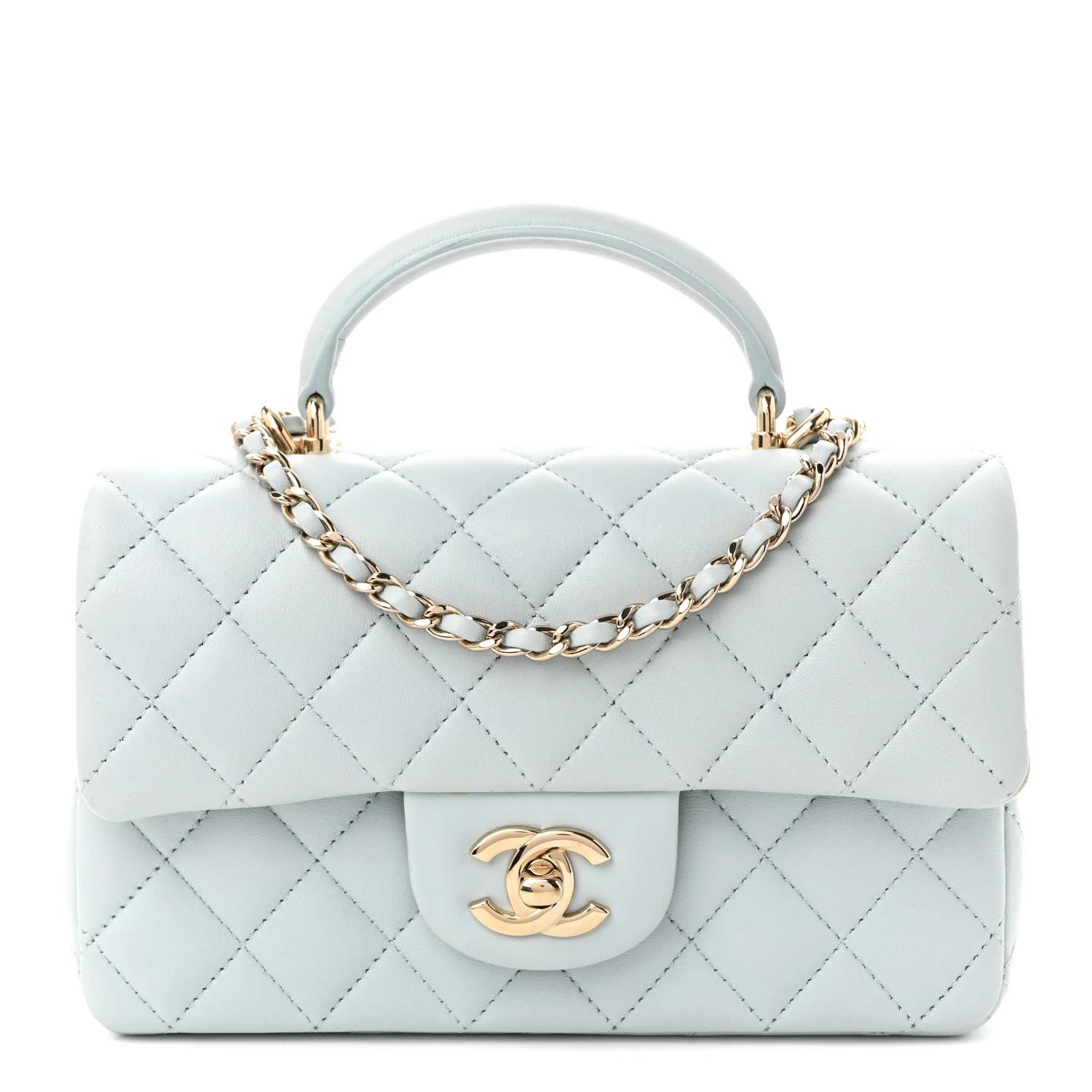 Lambskin Quilted Mini Top Handle Rectangular Flap Light Blue