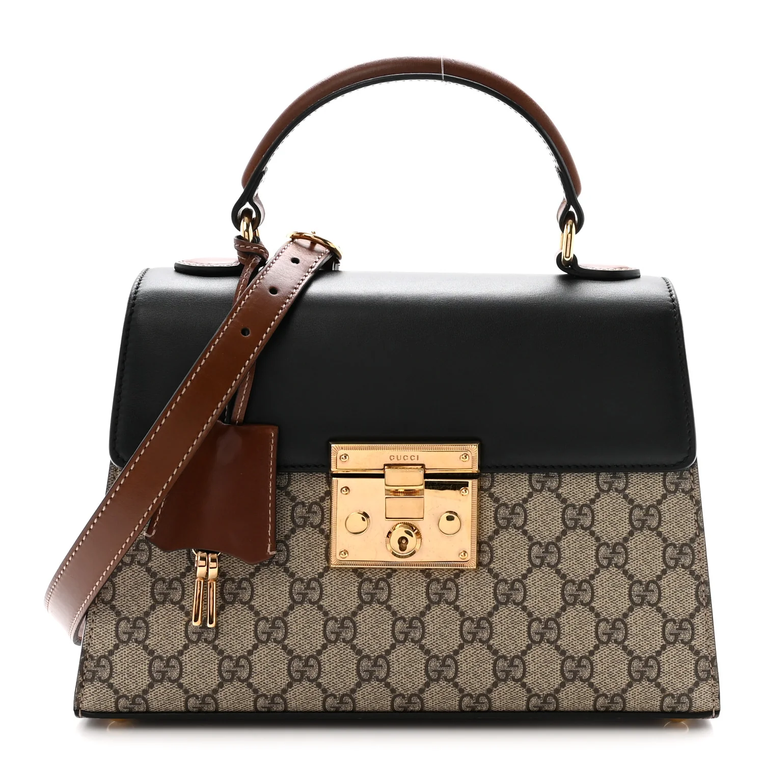 GG Supreme Monogram Calfskin Small Padlock Top Handle Bag Beige Black Cuir