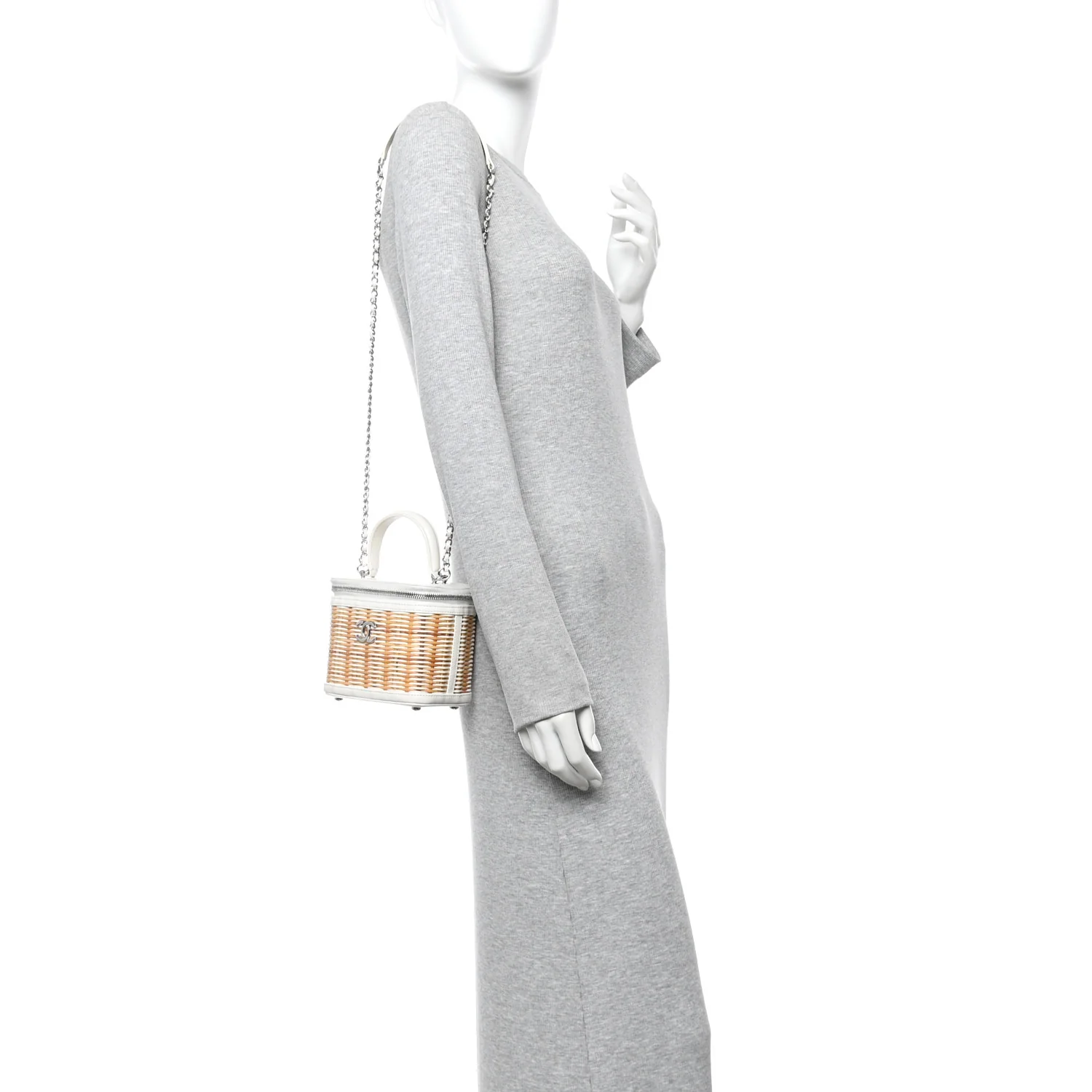 Calfskin Raffia Small Vanity Case Bag White Beige