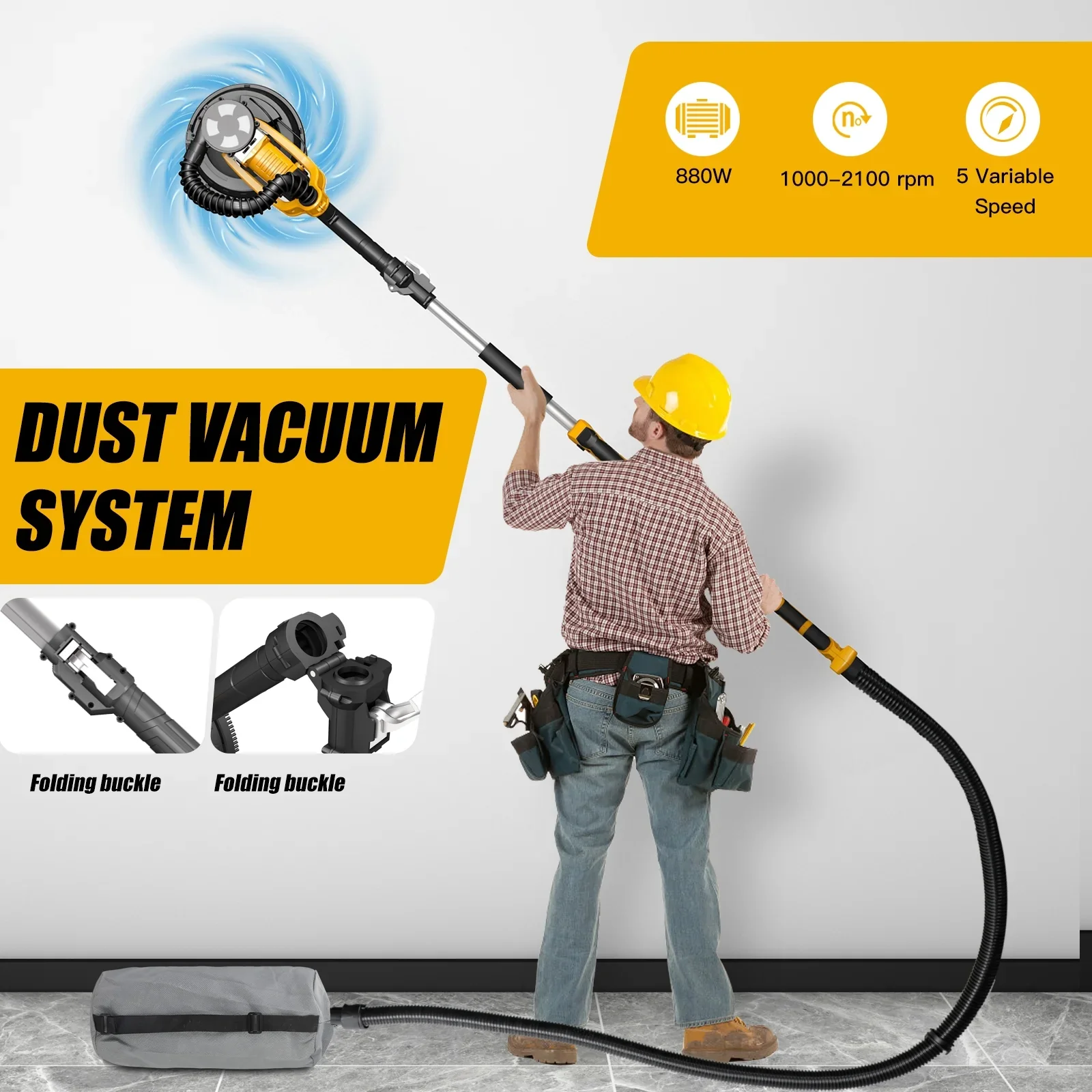 ZHJAN 880W Electric Drywall Sander with Vacuum, 5-Speed 2100RPM & LED, Adjustable Handle w/12 Sanding Discs & Dust Bag (59)