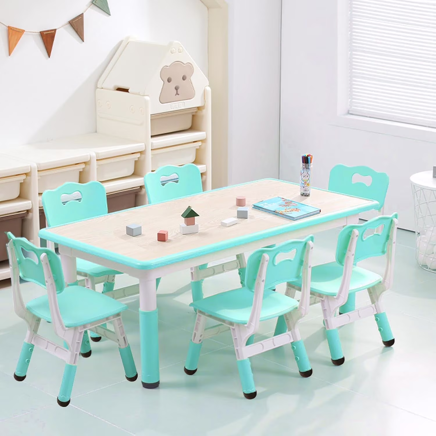 Kids Table and Chairs,Height Adjustable Toddler Table and 6 Chair,Multi-Activity Table with Graffiti Desktop Non-Slip Legs for Ages 2-10,Children Activity Table for Daycare,Classroom,Blue(Blue) - Image 5