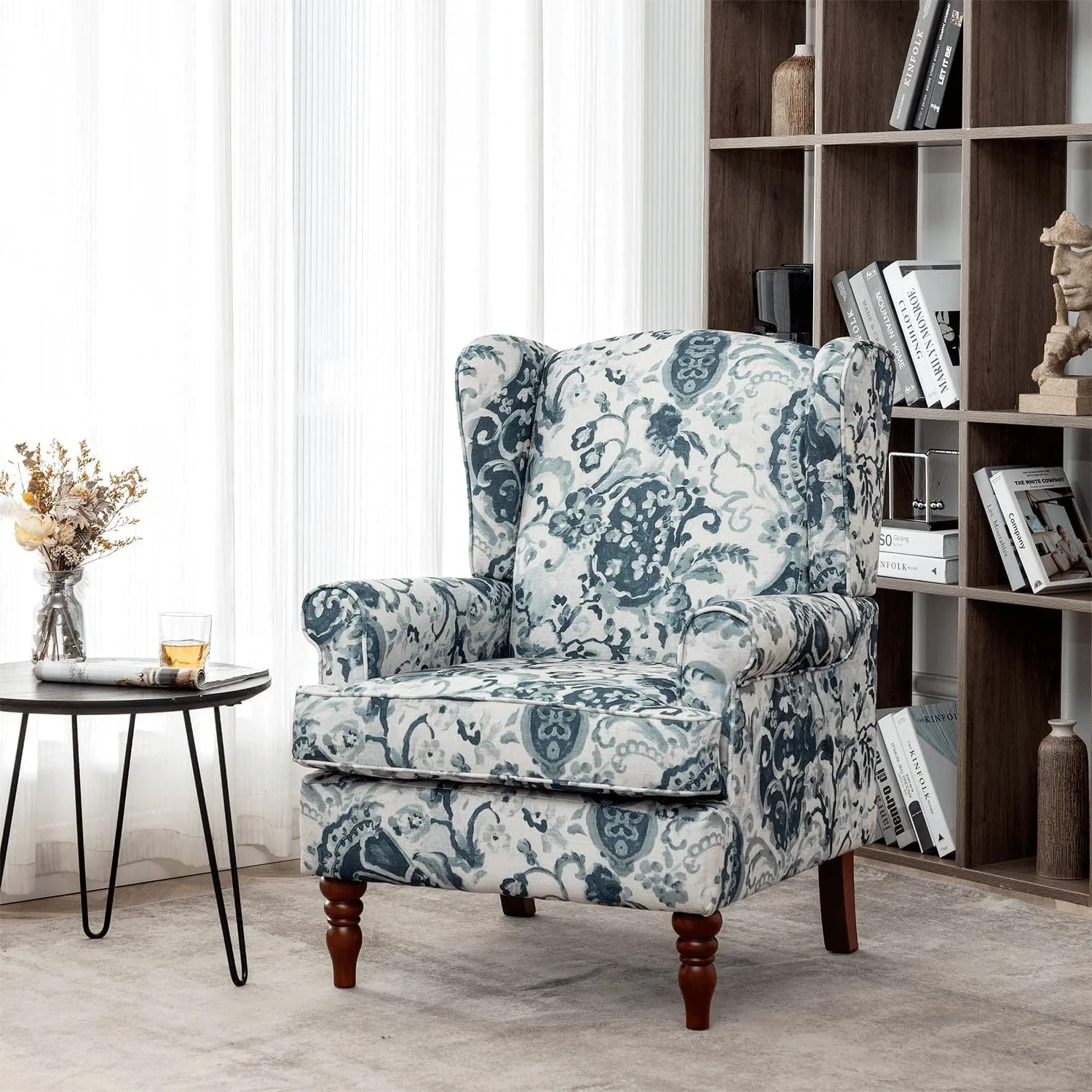 Upholstered Accent Chair, Floral Print Fabric Armchair,Blue(Blue) Image 3