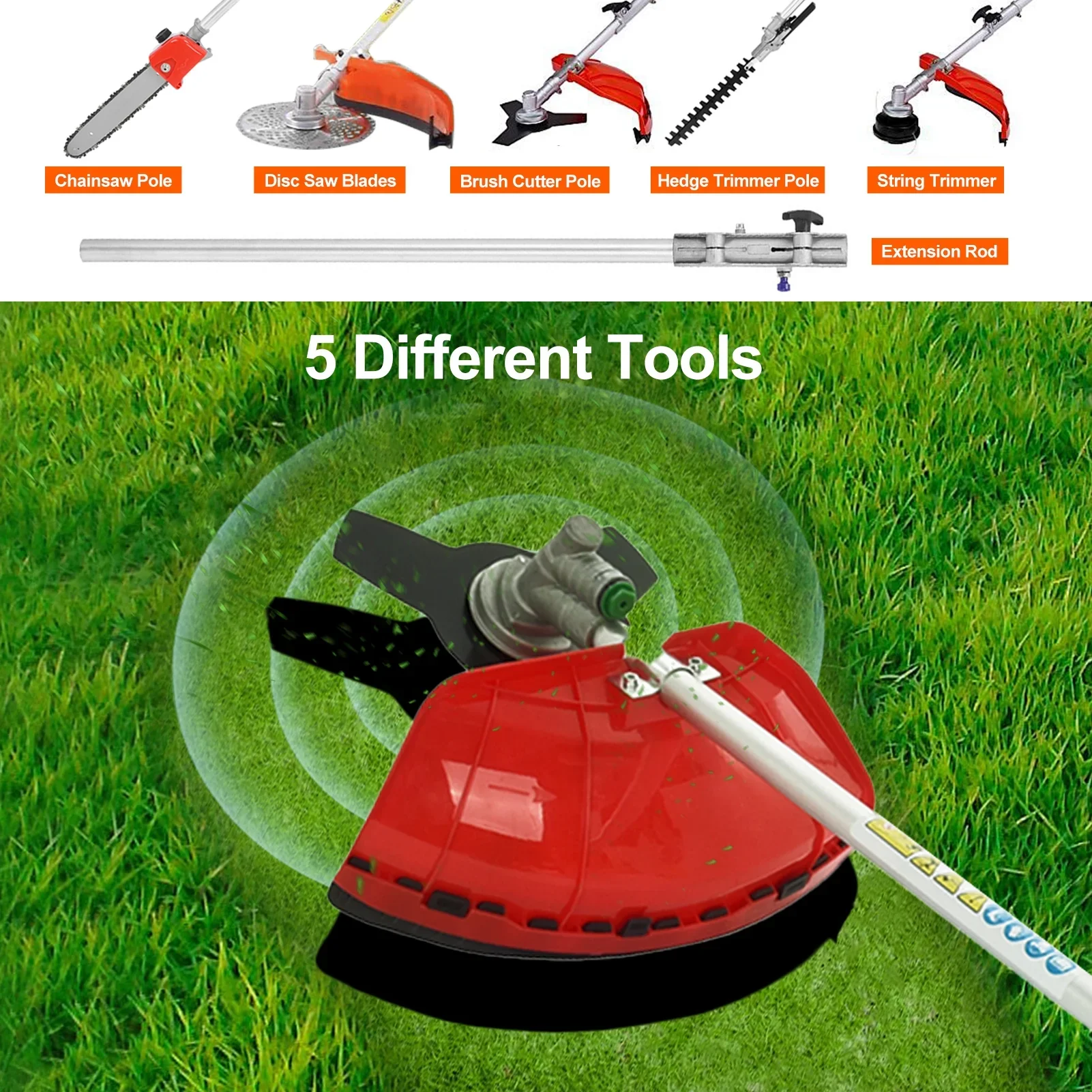WETS 5 in 1 Garden Hedge Trimmer Combo,  52cc 2-Stroke Gas Powered Long Reach Pole Saw Grass String Trimmer Brush Tree Cutter Pruner Weed Eater Multi Functional Garden Trimming Tools