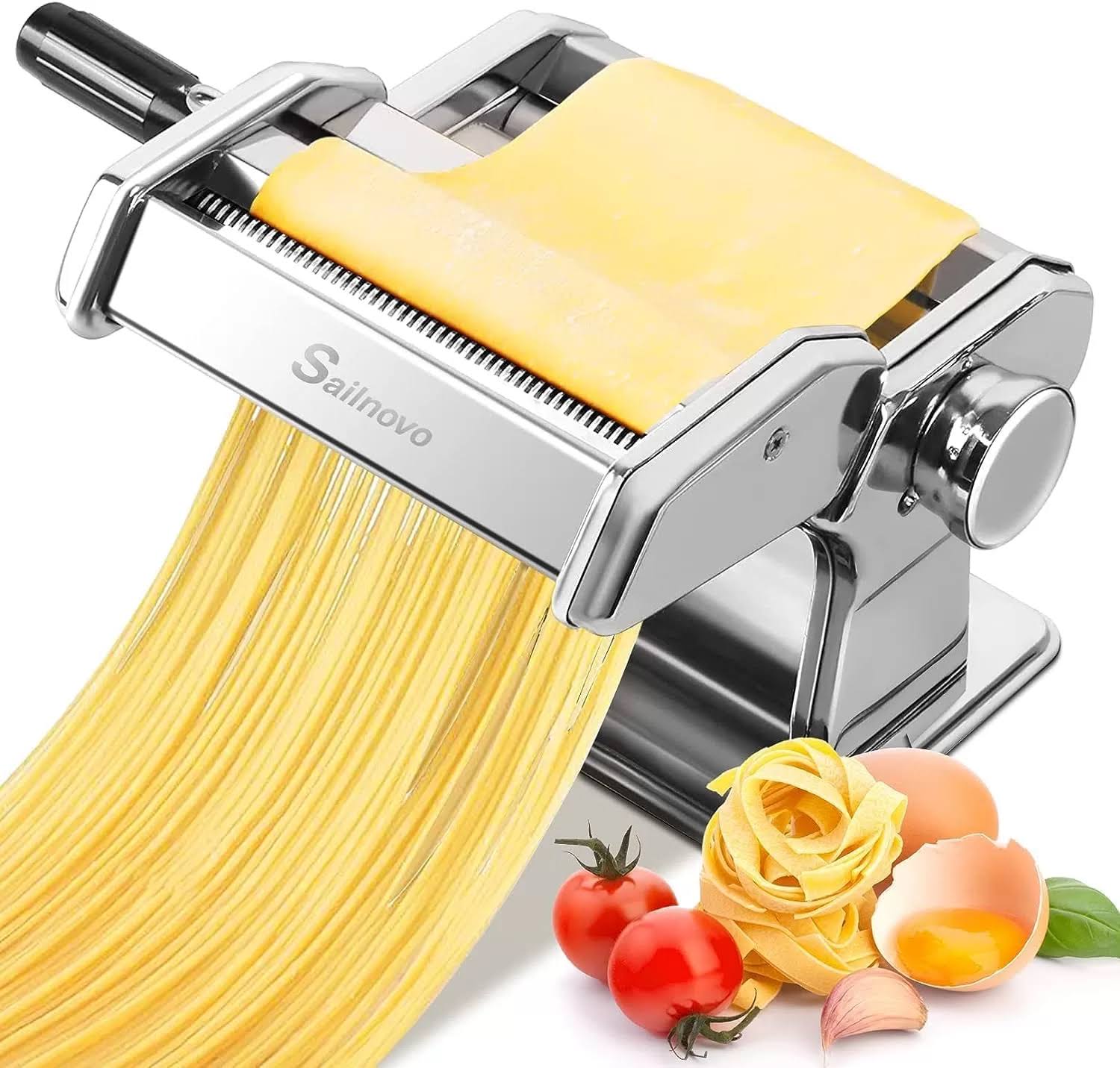 Sailnovo Pasta Maker Machine 150 Roller Pasta Maker 7 Adjustable Thickness Settings 2-in-1 Noodles Maker with Rollers and Cutter Perfect for Spaghetti
