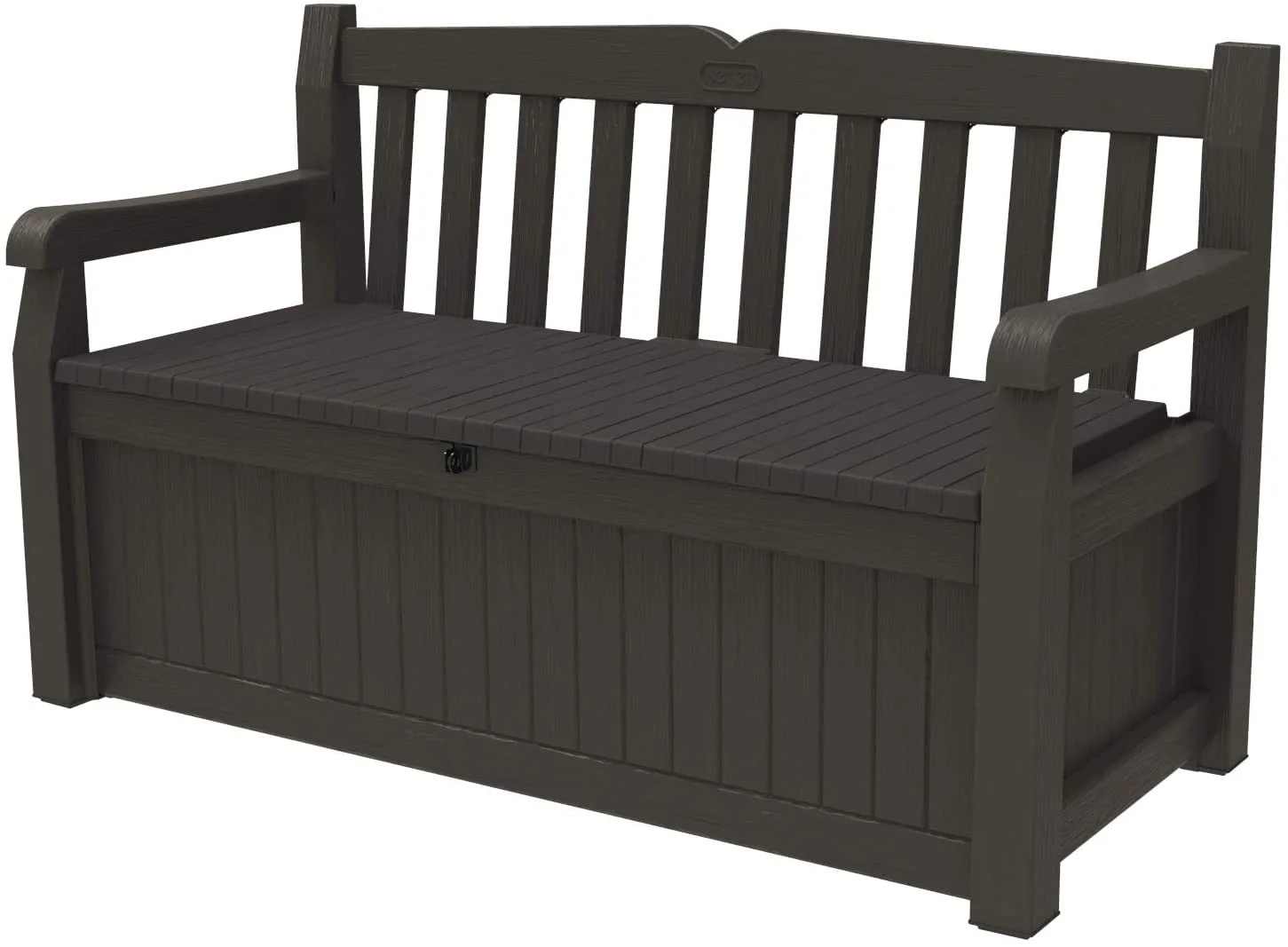 Coffre de rangement Keter Solana de 265 litres (70 gallons) avec banc intégré, idéal pour ranger le mobilier de patio, la décoration de porche et les sièges d'extérieur – Parfait pour ranger les outils de jardin et les jouets de piscine, marron