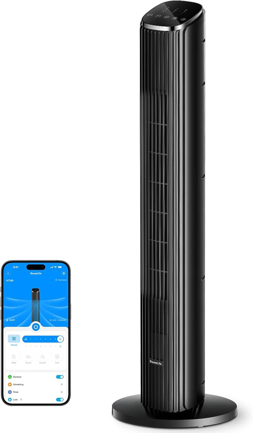 Ventilateur tour GoveeLife noir pour chambre, ventilateur sur pied intelligent de 91 cm (36 pouces) avec application et commande vocale, capteur de température, 5 modes et 8 vitesses (7,6 m/s), ventilateur oscillant silencieux (29 dB) pour bureau, mi