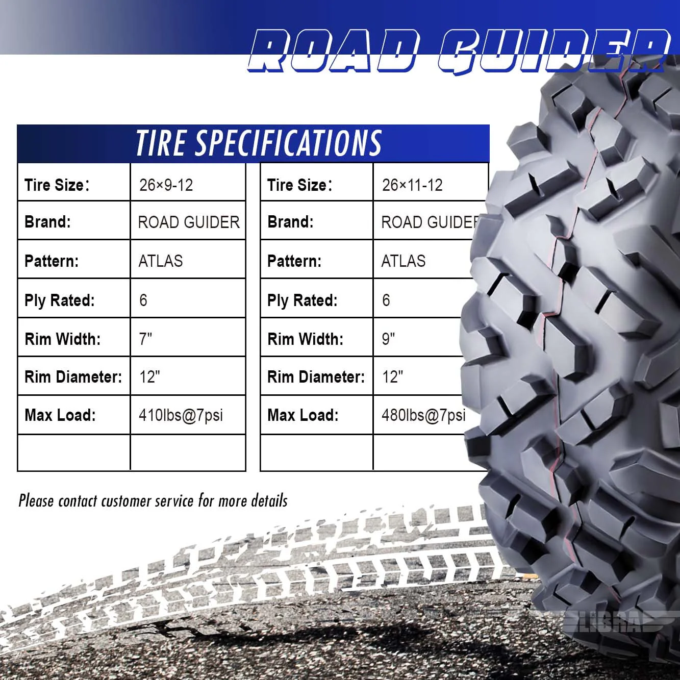 Set 4 Roadguider ATV UTV Tires 26x9 - 12 26x9x12 Front & 26x11 - 12 26x11x12 Rear 6PR
