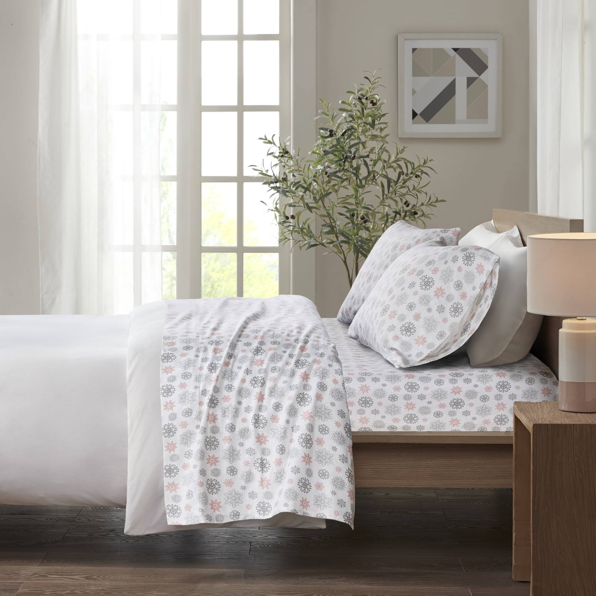 True North by Sleep Philosophy Cozy Flannel King Pink/Grey Snowflakes Sheet Set