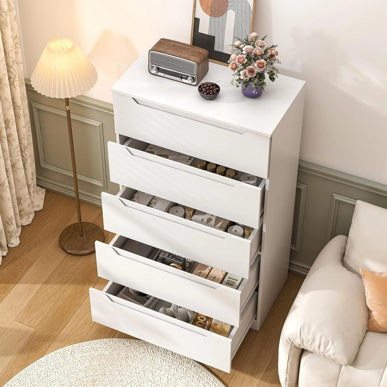 Vertical 5 Drawer Dresser, Wood Storage Cabinet with Upgraded Stable Base for Bedroom Living Room, Black(Black) - Image 10