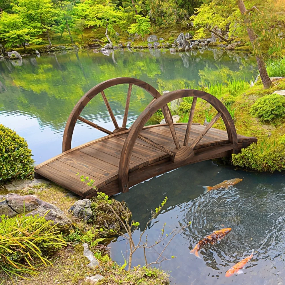 (HRR LTD)--3.3ft Wooden Garden Bridge Footbridge With Half-Wheel Style Railings & Solid Fir Construction, Stained Wood-LK LTD--(sd45r4e8 )
