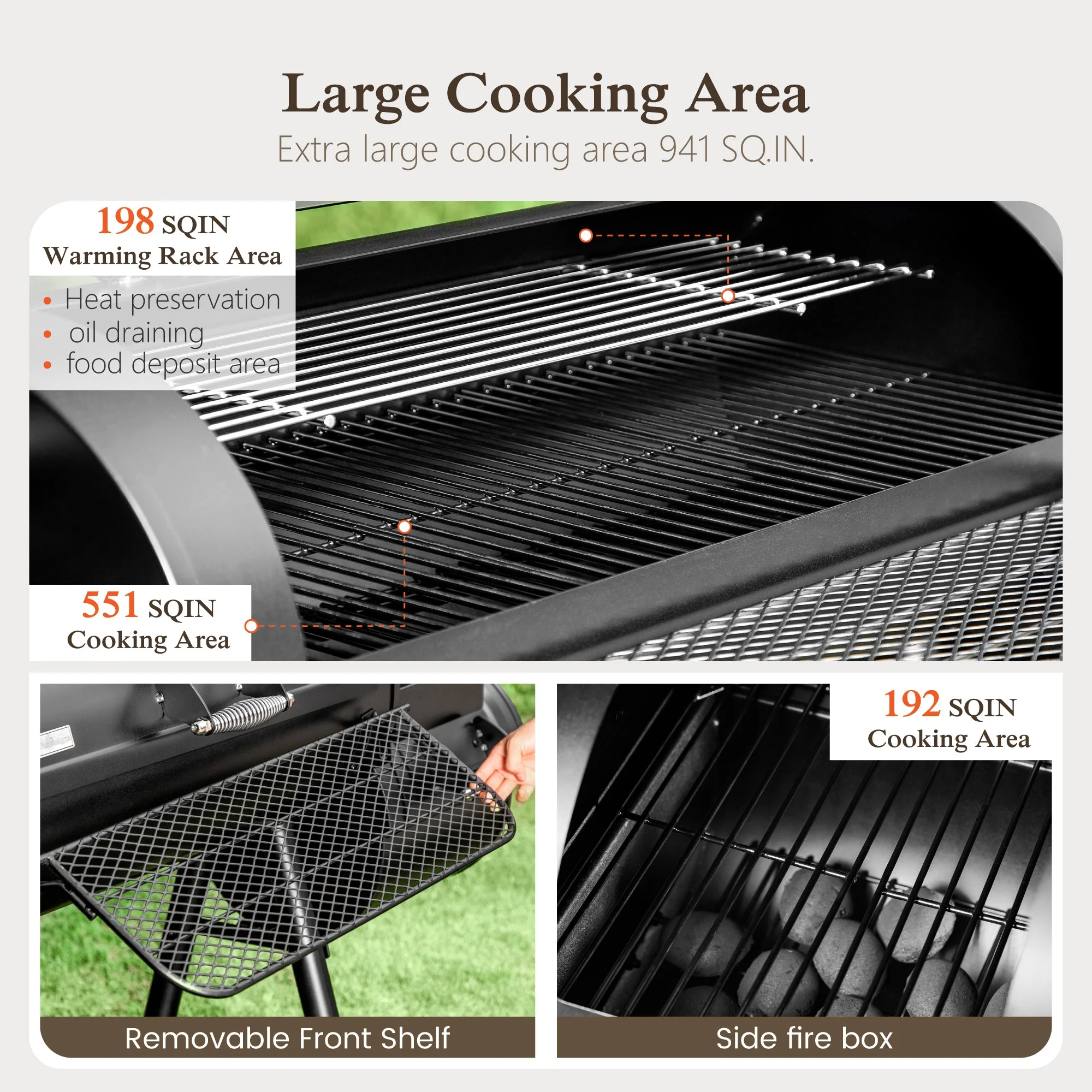 Heavy Duty BBQ Charcoal Grill with Offset Smoker Overlarge 941 sq.in. Cooking Area - Image 6
