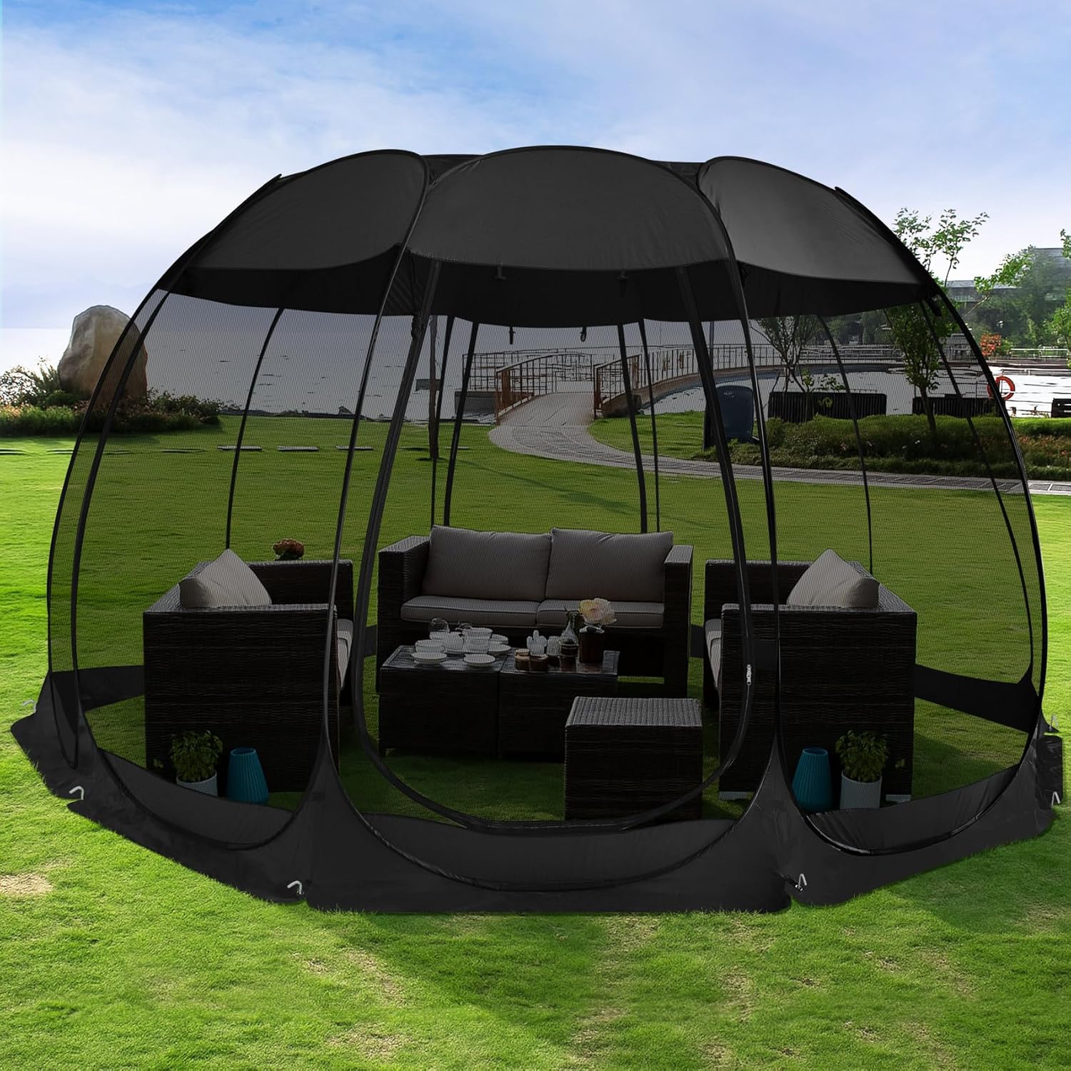 Gazebo moustiquaire pouvant accueillir 6, 10 ou 15 personnes. Tente de style igloo avec moustiquaire latérale. Idéal