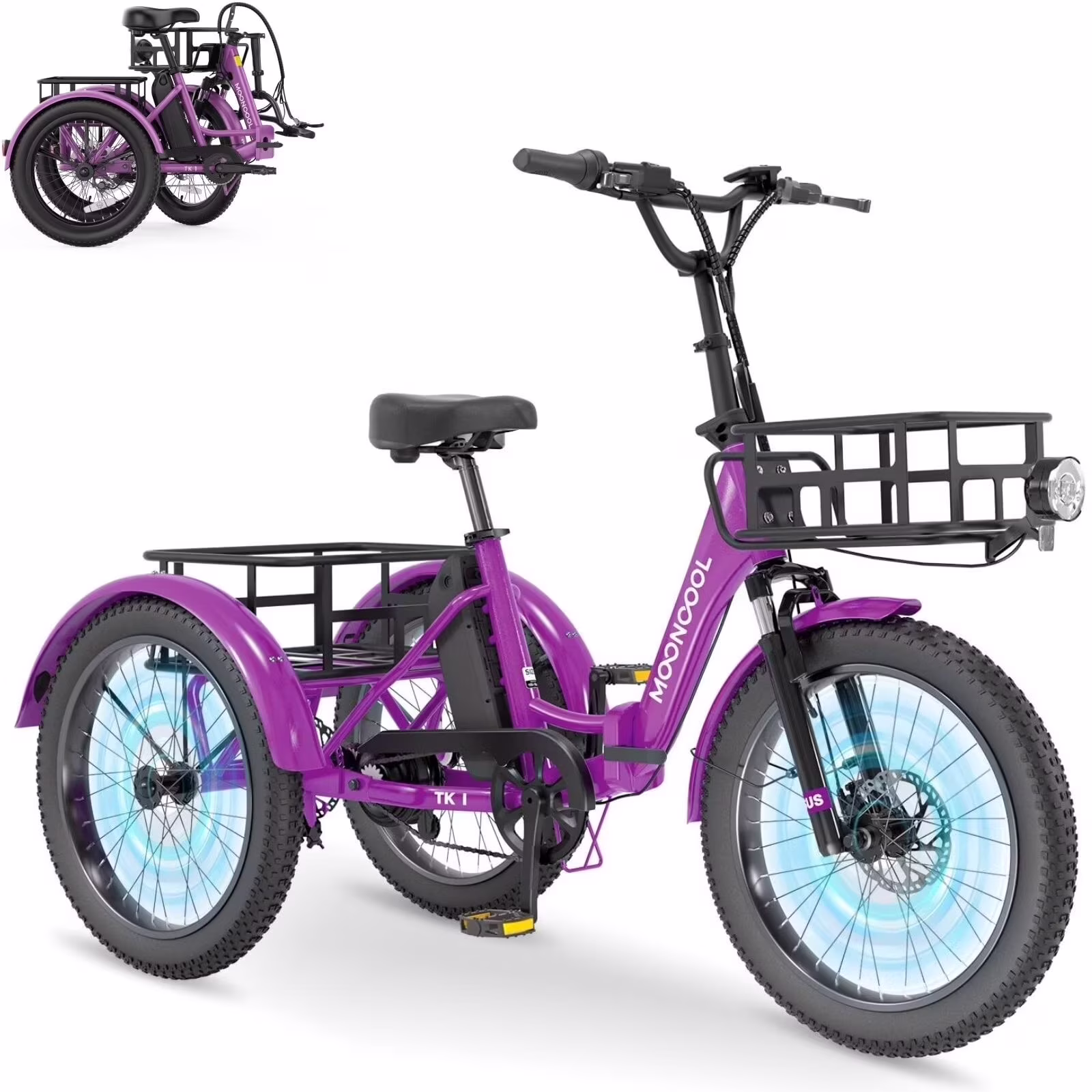 TK1 Folding Electric Tricycle for Adults,48V 14.5Ah Removable battery, 500W��Peak 1000w��Motor, 20" Fat Tire Step-Thru 3Wheel Electric Bicycle w/FrontRear Baskets, Certified to UL 2849 by SGS(Orange) - Image 5