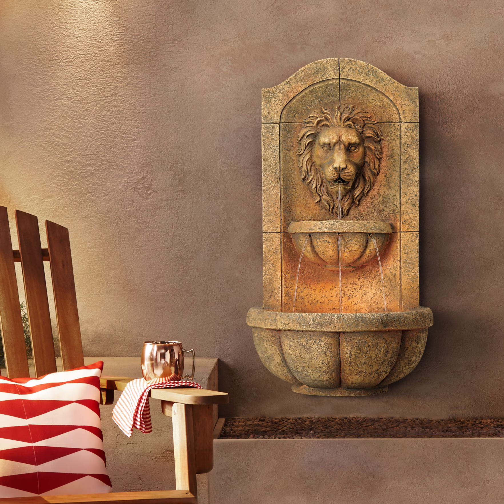 Royal Lion Head 29 1/2 High Large Italian Indoor Outdoor Decor Faux Stone Wall Fountain with Light LED Garden