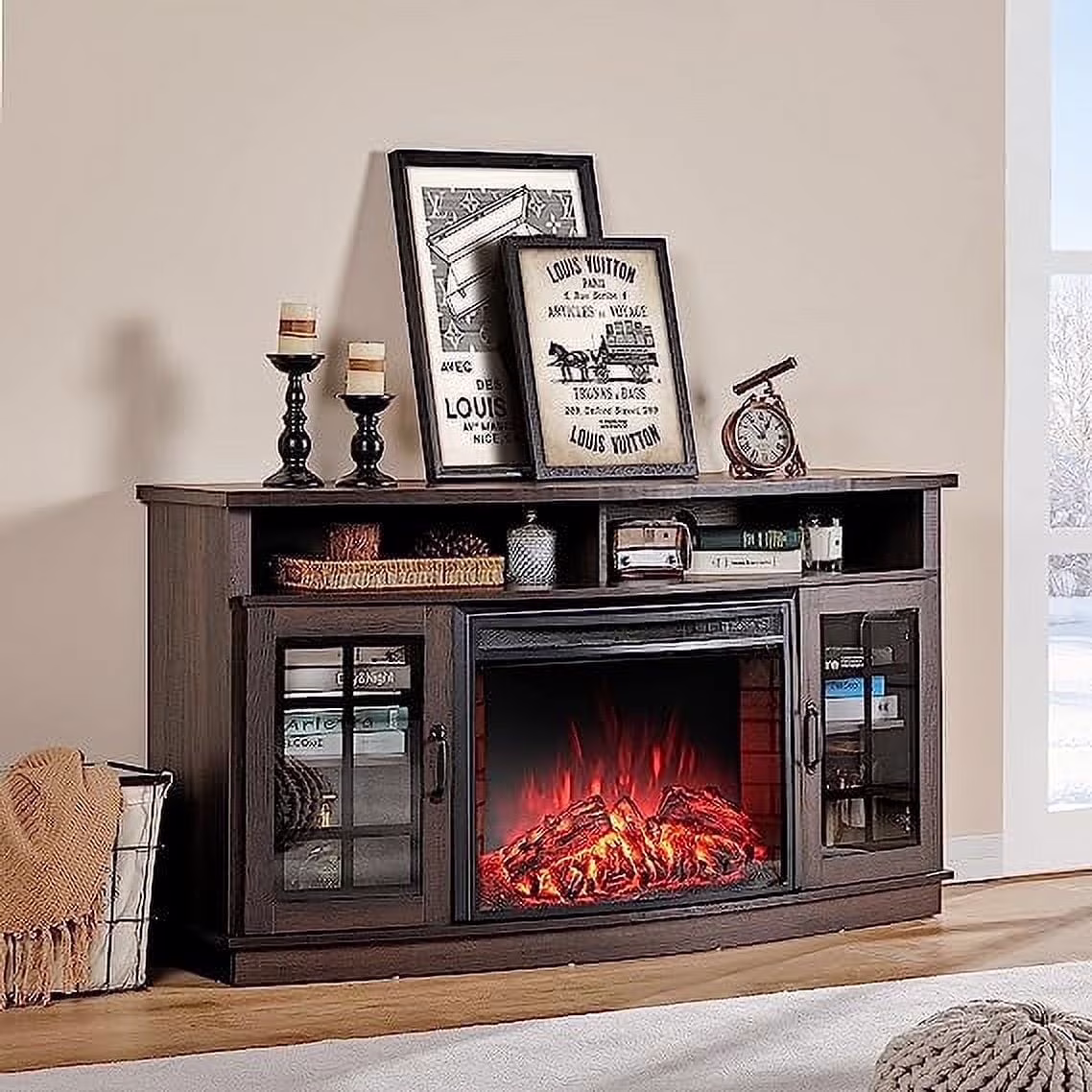 Curved TV Cabinet with 26" Electric Fireplace for TVs up to 65", Distressed White(Distressed White) - Image 5