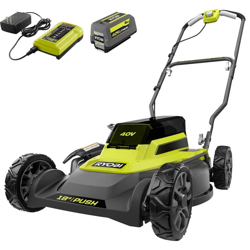 Ryobi 40-Volt 18 in. 2-in-1 Cordless Battery Walk Behind Push Lawn Mower with 6.0 Ah Battery and Charger RY401101