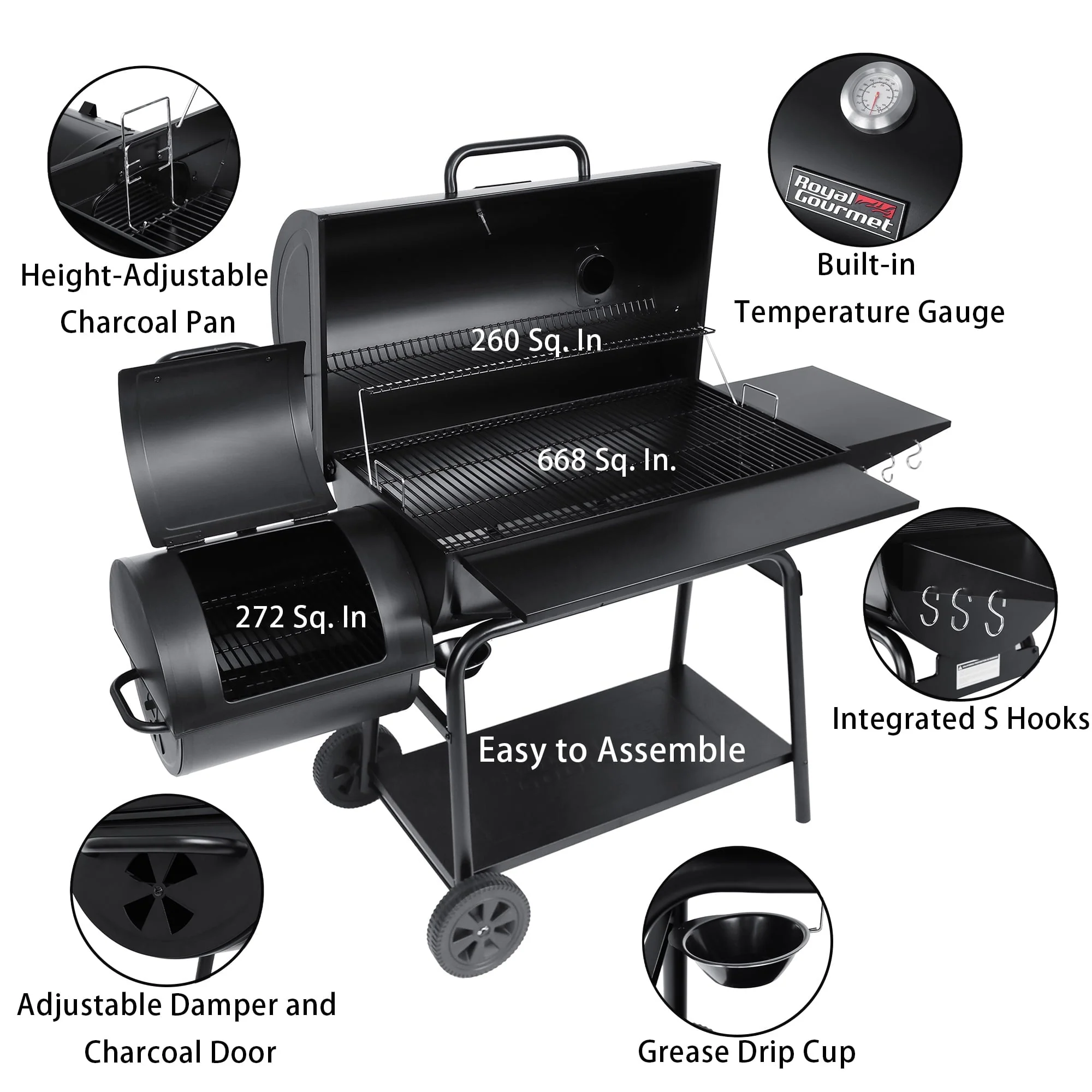CC2036F 36" Charcoal Barrel Grill with Offset Smoker - Image 6
