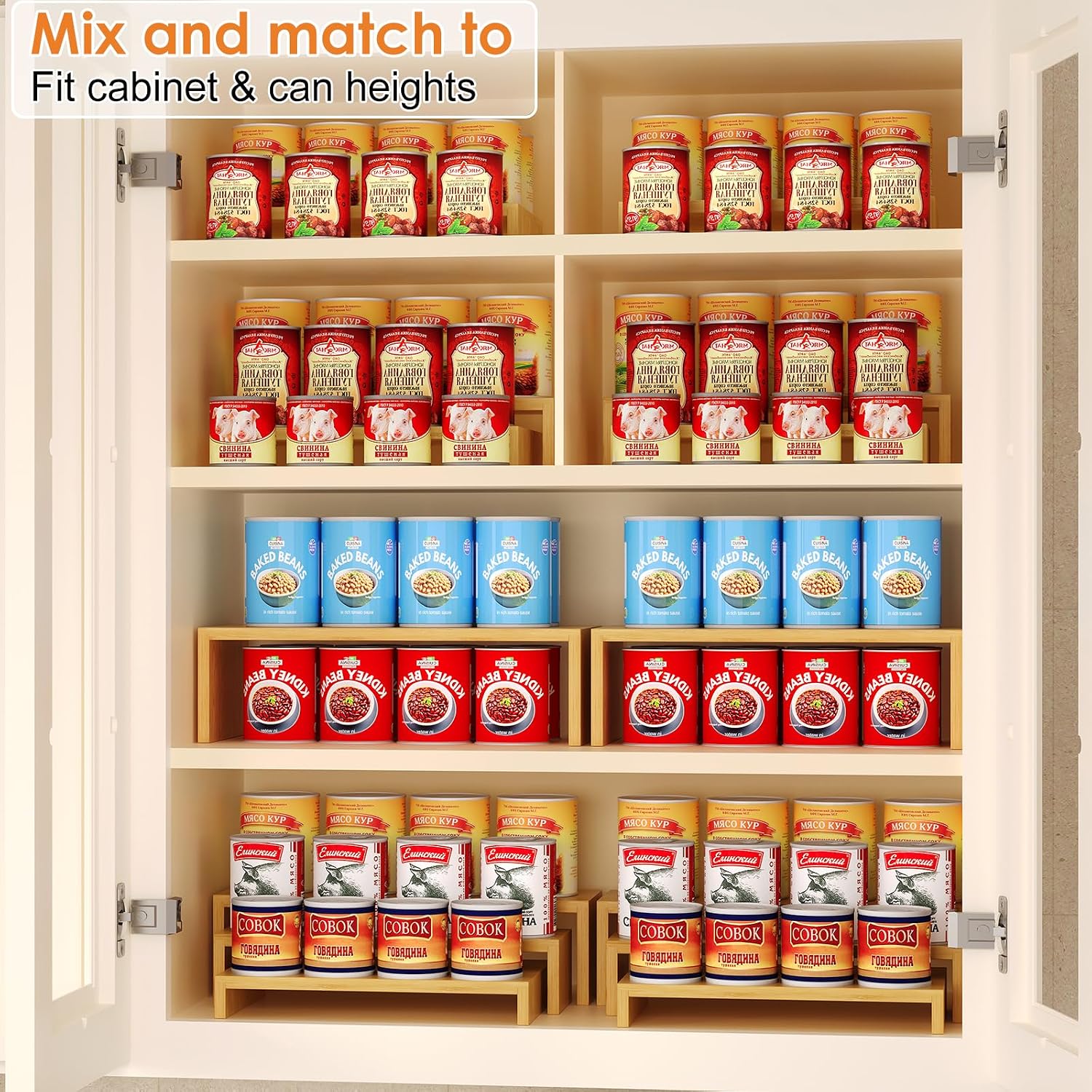 2 Sets DIY Bamboo Can Organizer for Pantry, 3-Tier 6-Piece Can Display Rack