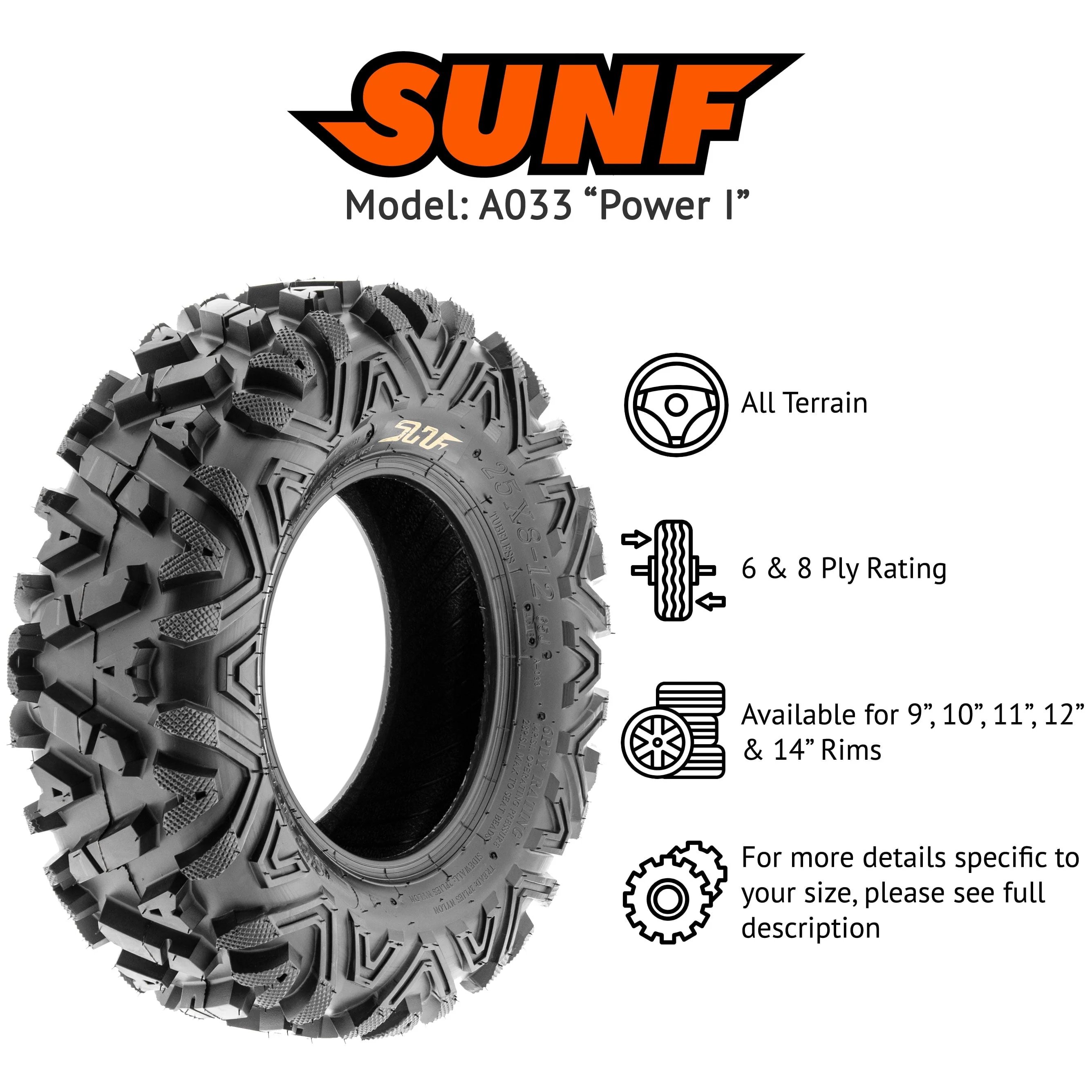 Sunf All-Terrain ATV UTV Tires 25x8 - 12 & 25x11 - 12 6 PR A033 (Complete Full Set of 4)