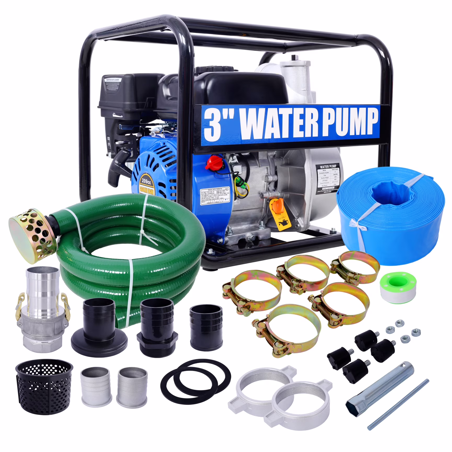 7HP Gas Powered Semi Trash Pump, 3-Inch 264GPM with 50ft Discharge & 12ft Suction Hose �C EPA Certified for Farm & Garden Water Transfer �C Durable Steel Frame with Wheels �C Black/Blue