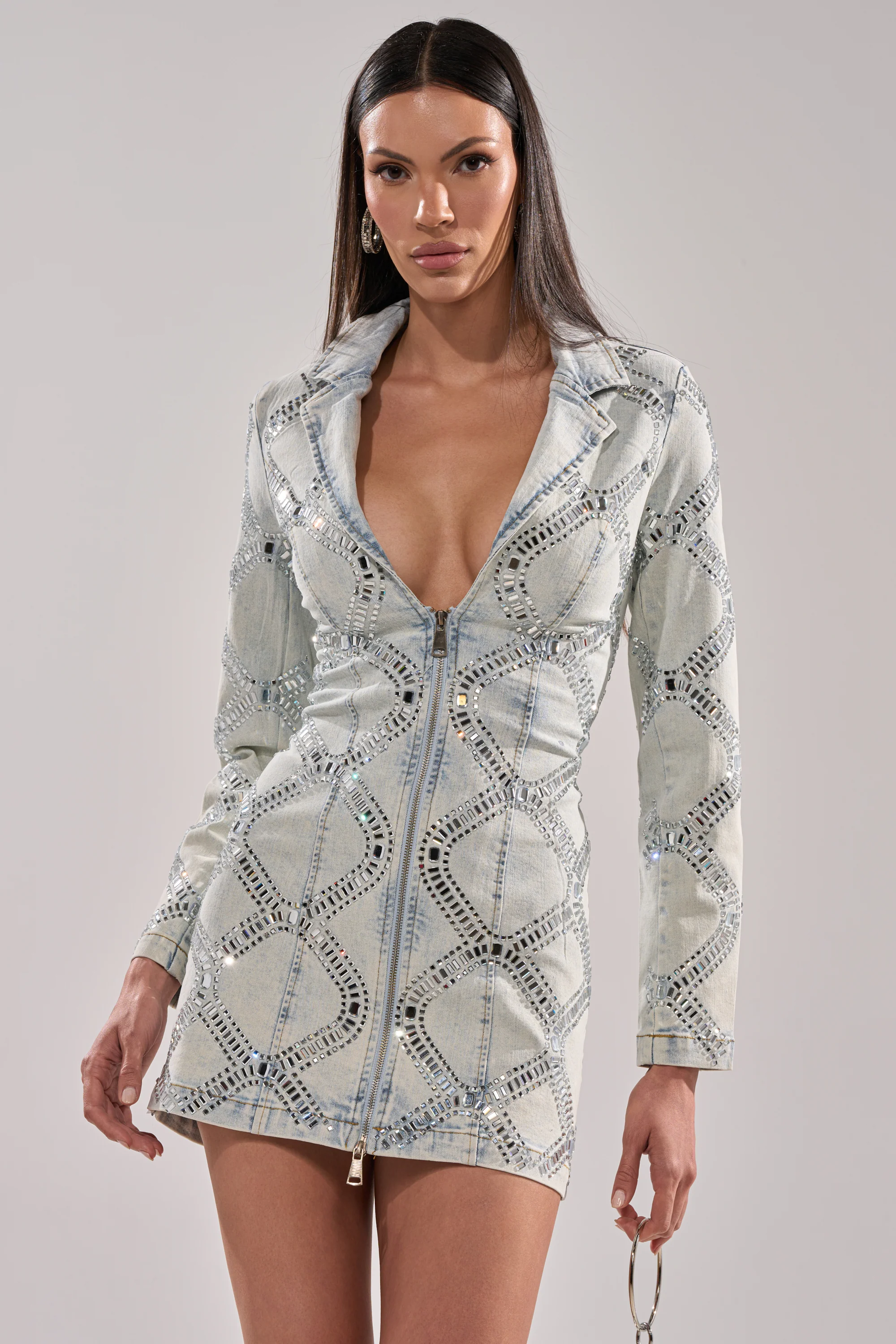 LOOK AT ME RHINESTONE BLAZER DRESS IN LIGHT BLUE DENIM - Akira Store