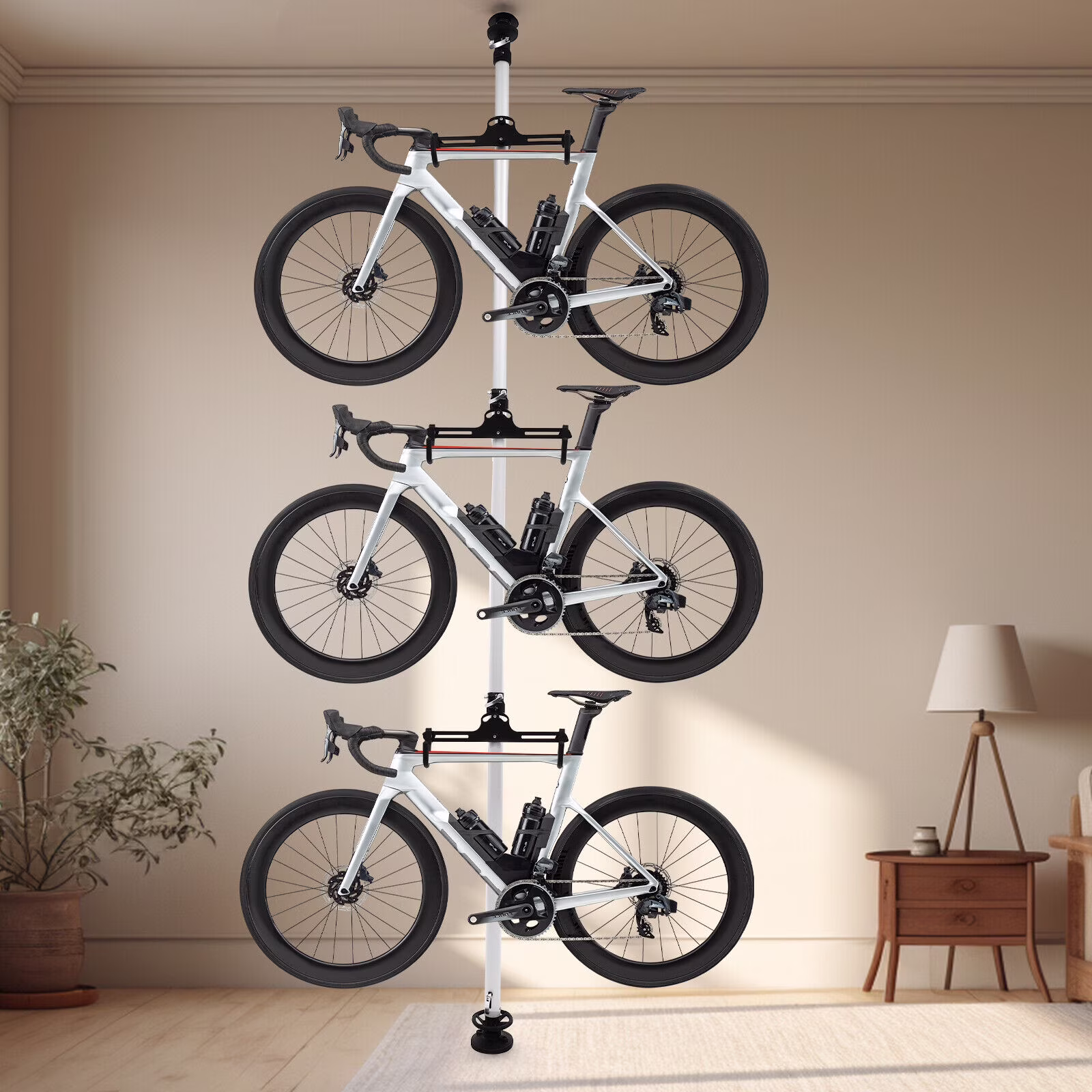 Vertical Bike Storage Rack 3 Bicycles Bike Stand Adjustable No Drilling Bike Rack Garage Space - Saving Rack for Road MTB Hybrid Bicycles