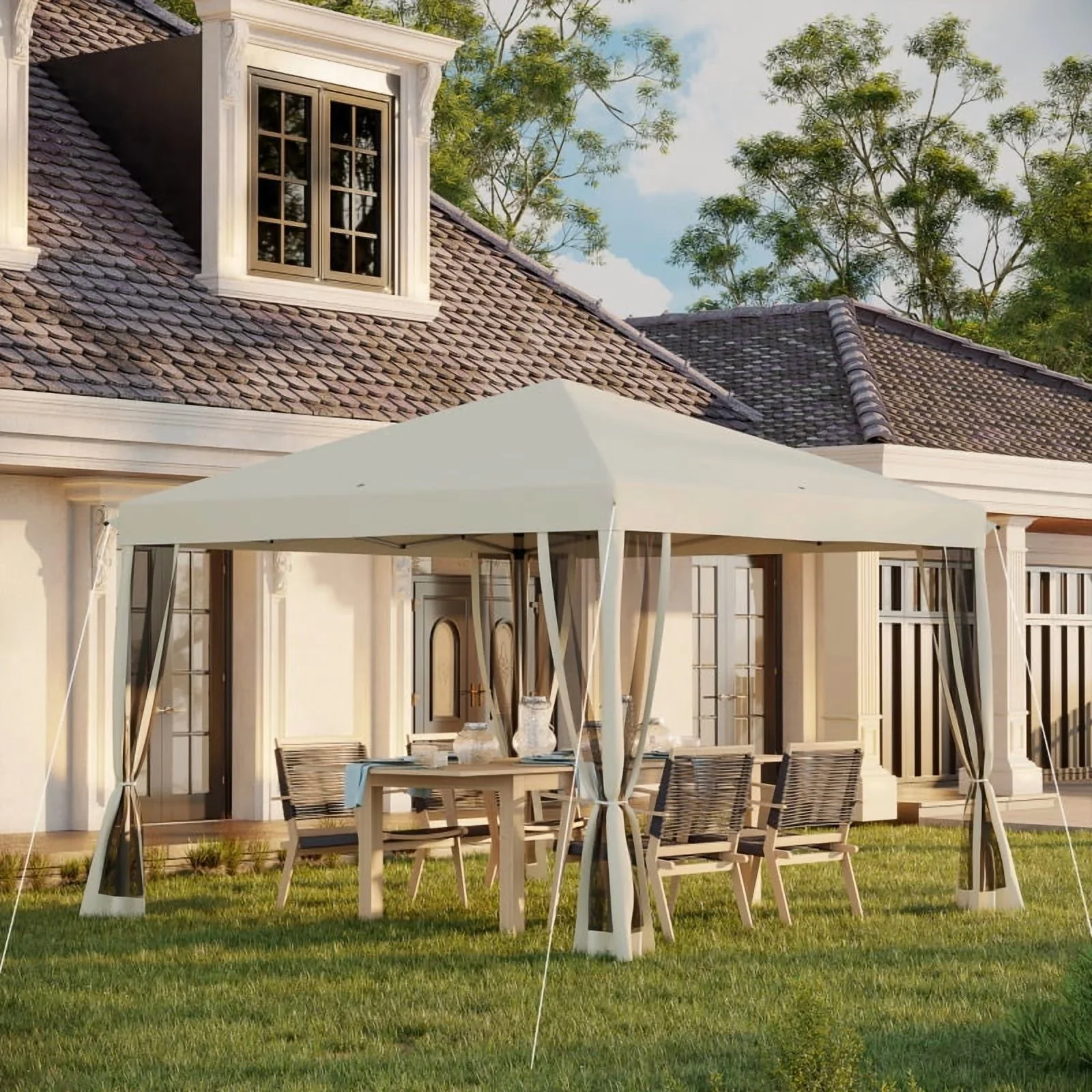 Outsunny 10' x 10' Pop Up Canopy Tent with Netting, Instant Gazebo, Ez up Screen House Room with Carry Bag, Height Adjustable, for Outdoor, Garden, Patio, Beige On-Site