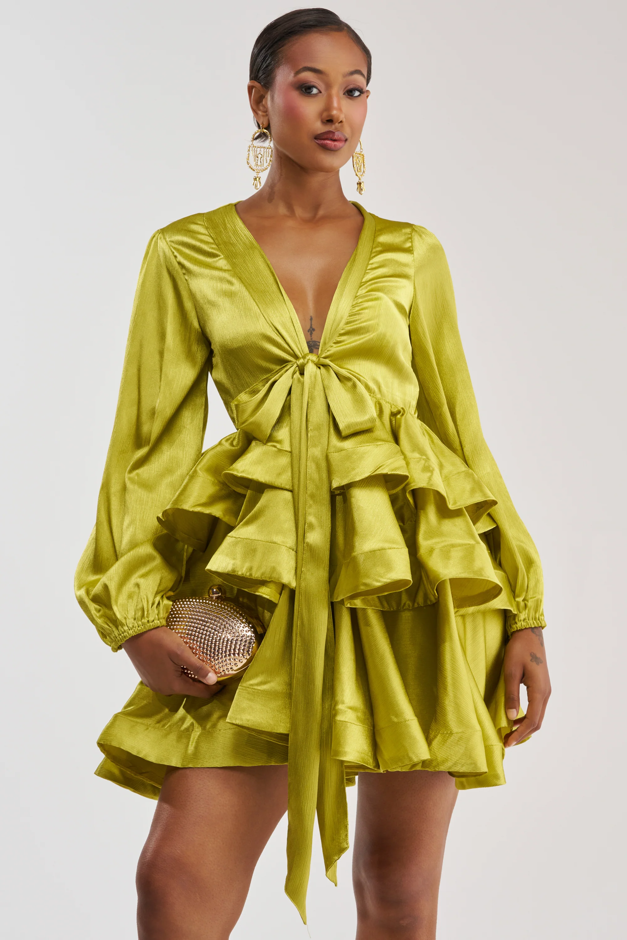 ARIANA SATIN RUFFLED MINI DRESS IN GREEN - Akira Store