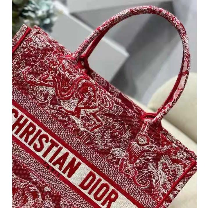CD Unisex Medium Book Tote Burgundy Toile De Jouy Stripes Embroidery